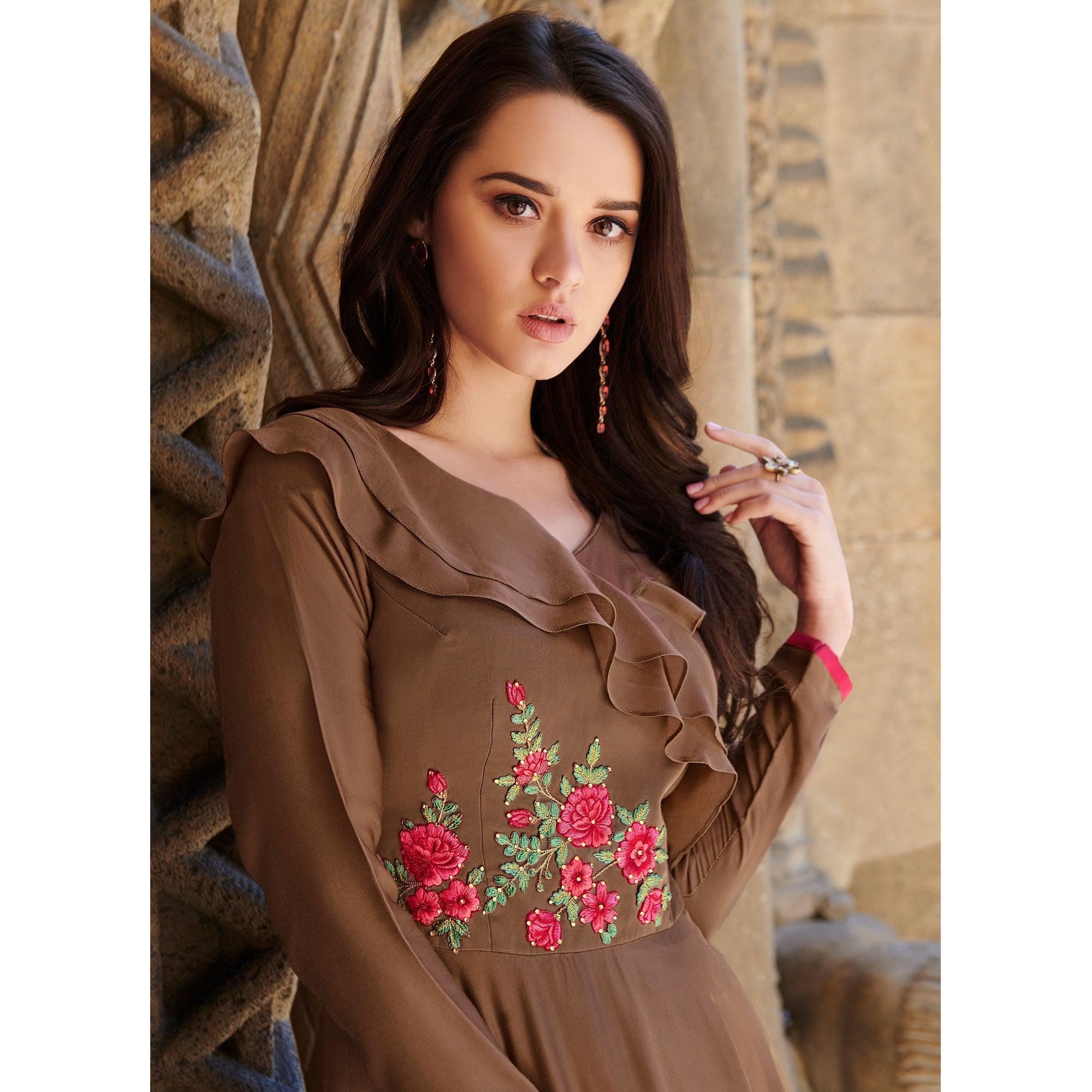 Adorning Brown Colored Partywear Embroidered Silk Satin Gown - Peachmode
