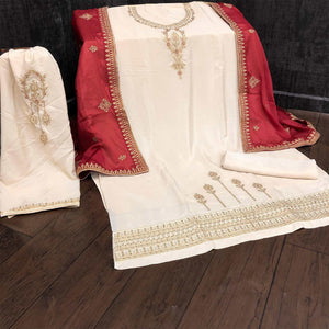 Adorning Cream  Coloured Partywear Embroidered Pakistani Rangoli Georgette Straight Palazzo Suit - Peachmode