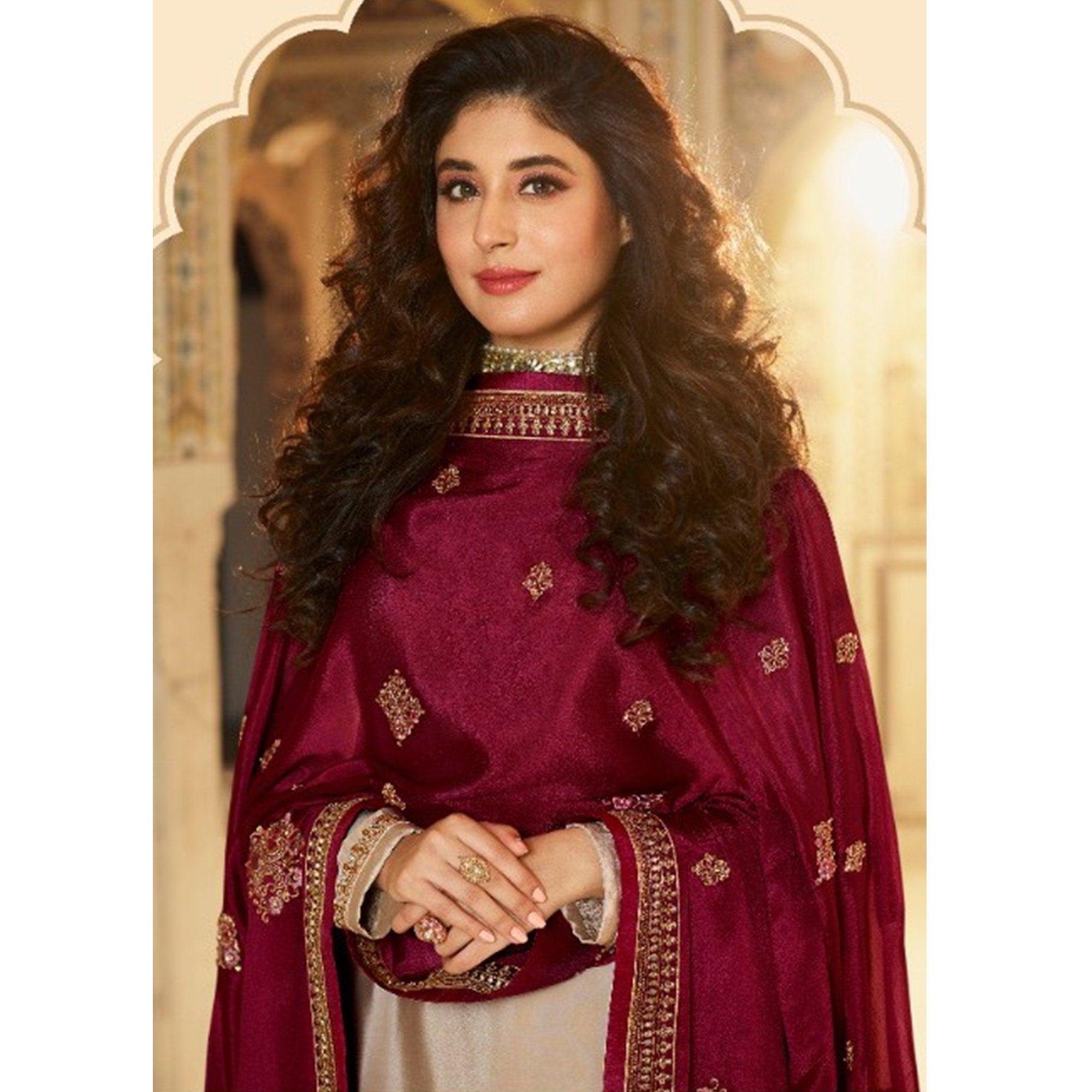 Adorning Cream  Coloured Partywear Embroidered Pakistani Rangoli Georgette Straight Palazzo Suit - Peachmode