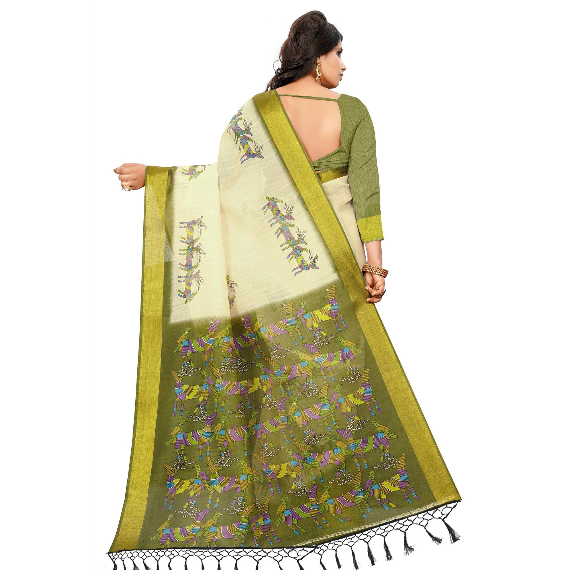 Adorning Cream - Green Colored Casual Wear Digital Printed Cotton Saree - Peachmode