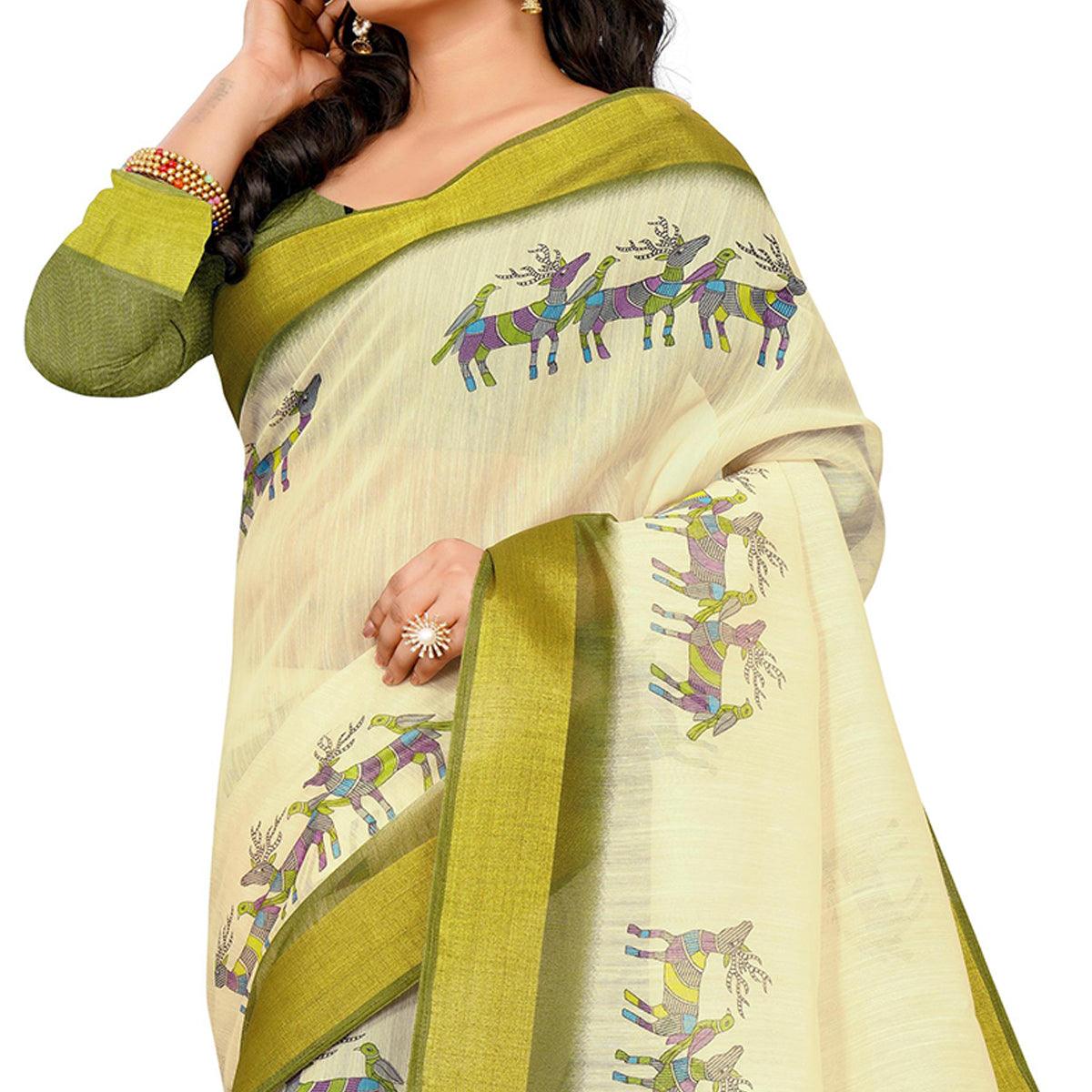 Adorning Cream - Green Colored Casual Wear Digital Printed Cotton Saree - Peachmode
