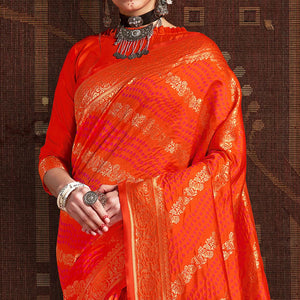 Adorning Dark Orange Coloured Designer Party Wear Silk Saree - Peachmode