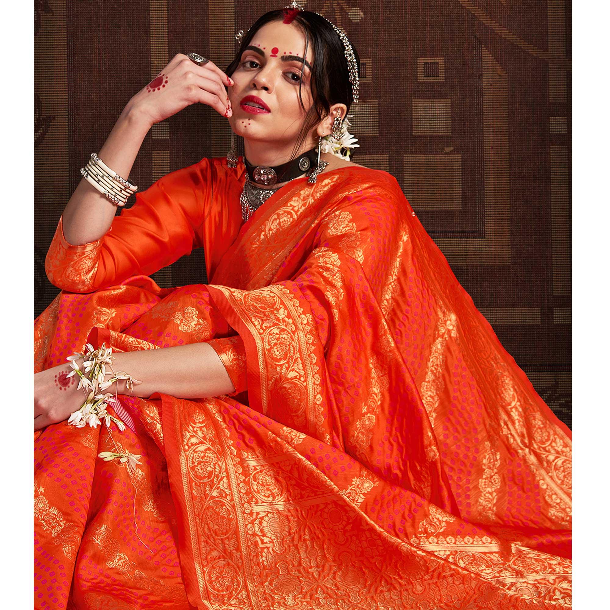 Adorning Dark Orange Coloured Designer Party Wear Silk Saree - Peachmode