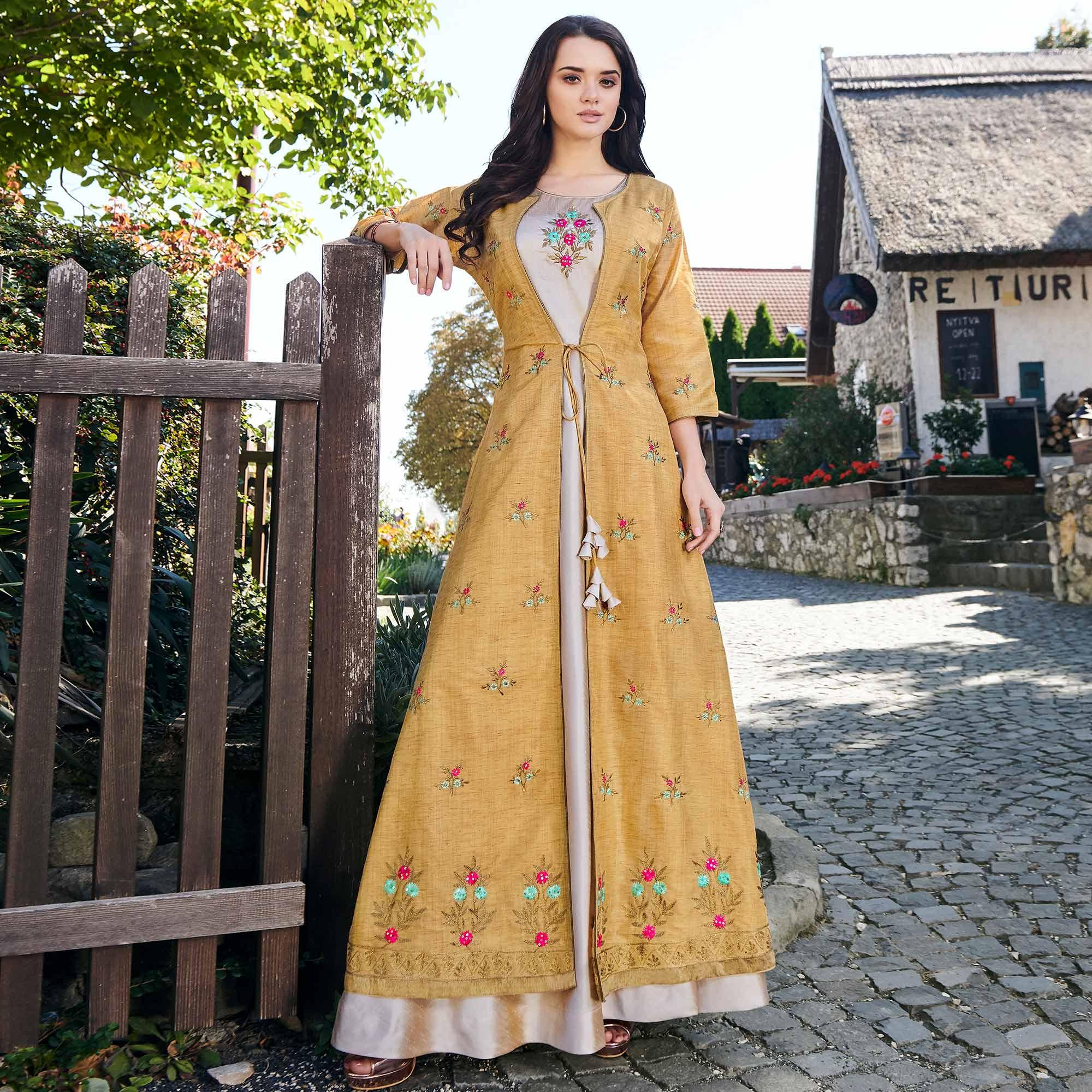 Adorning Gray-Mustard Yellow Colored Partywear Embroidered Cotton Silk Gown - Peachmode