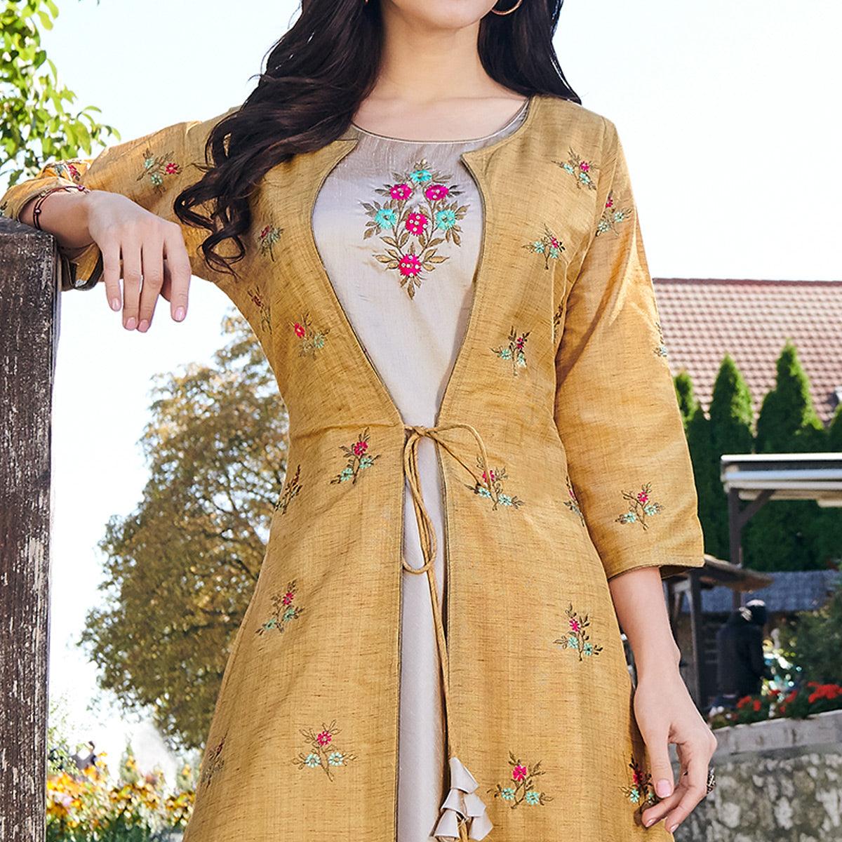 Adorning Gray-Mustard Yellow Colored Partywear Embroidered Cotton Silk Gown - Peachmode