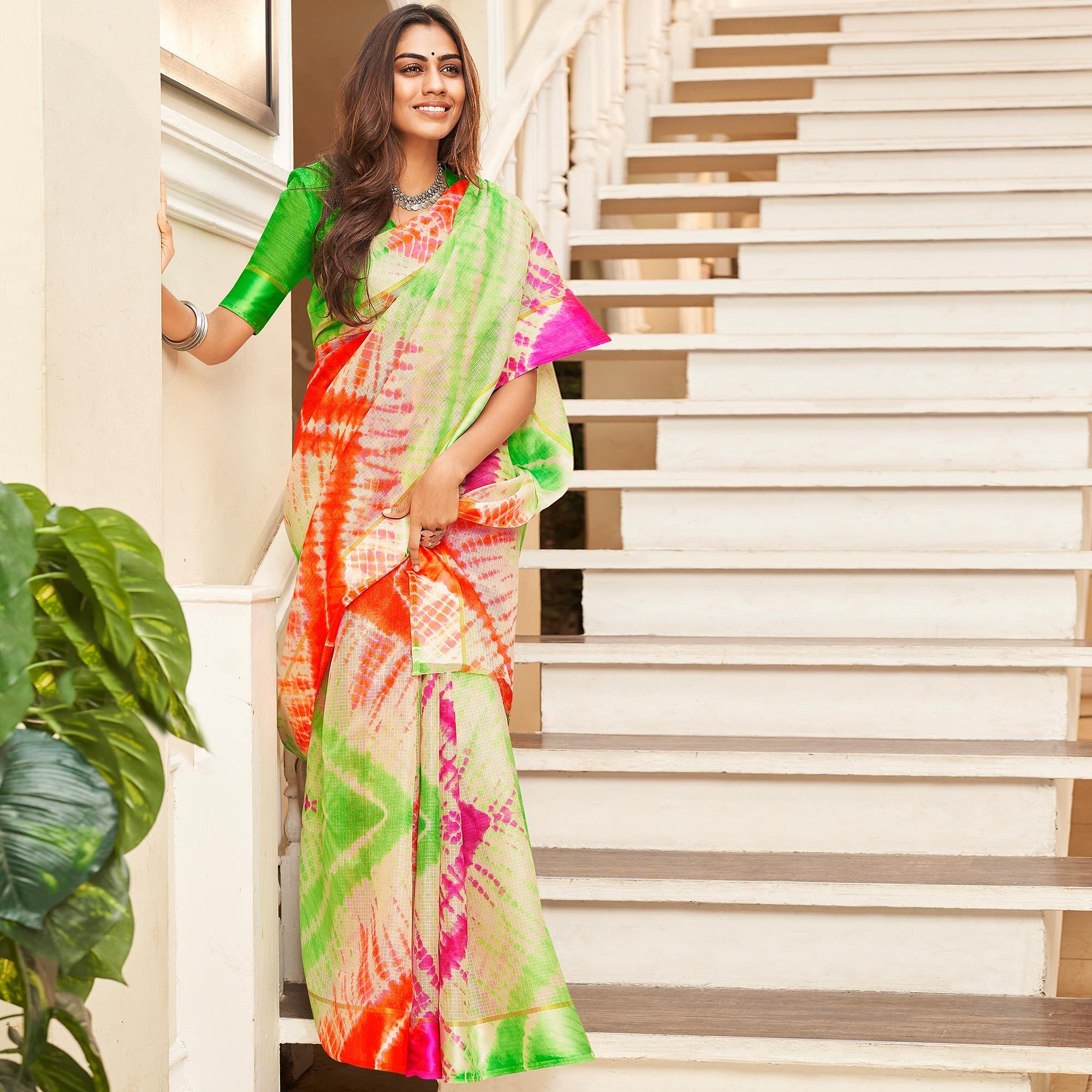 Adorning Green & Orange Casual Wear Printed Art Silk Saree - Peachmode