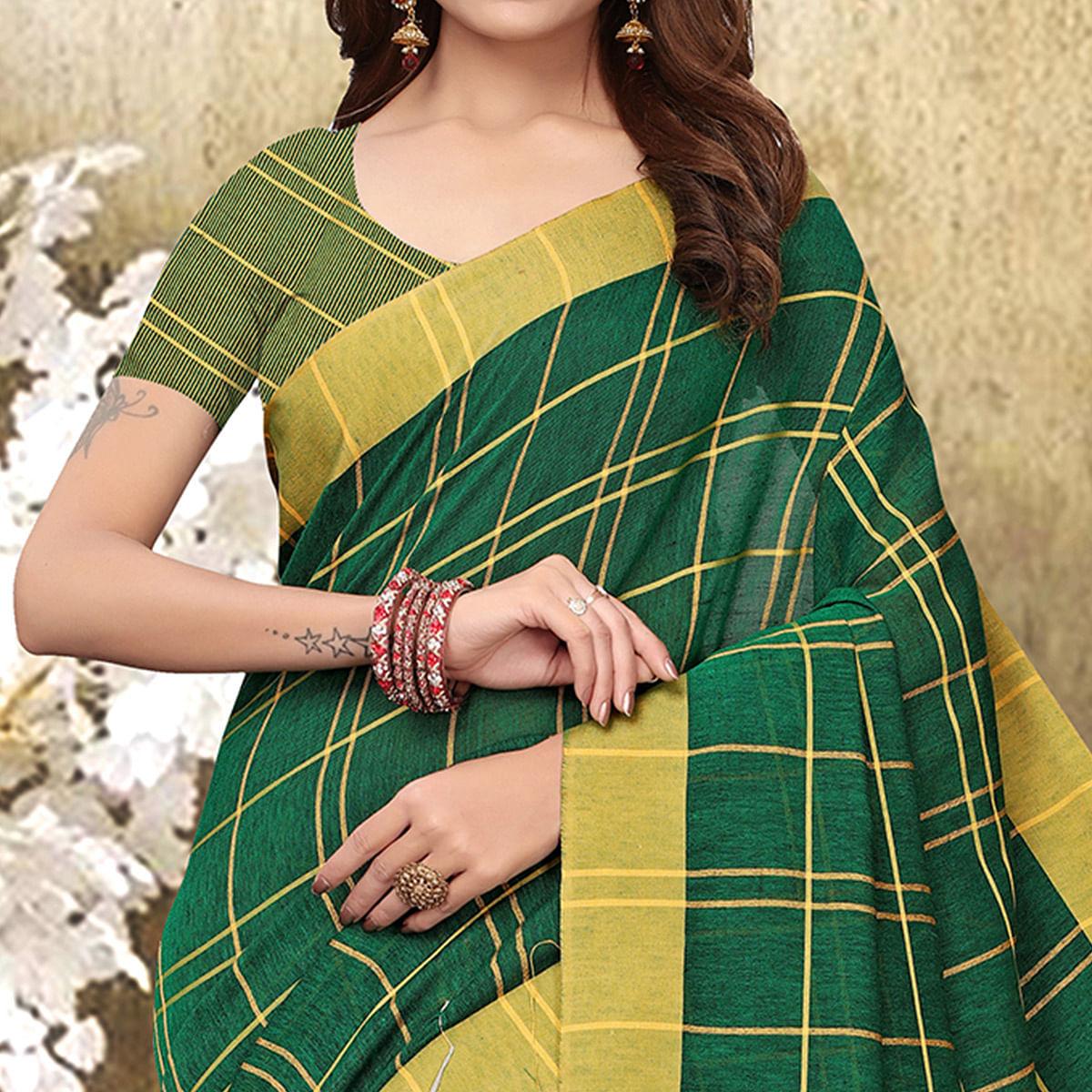 Adorning Green Colored Festive Wear Checks Print Pure Linen Saree - Peachmode
