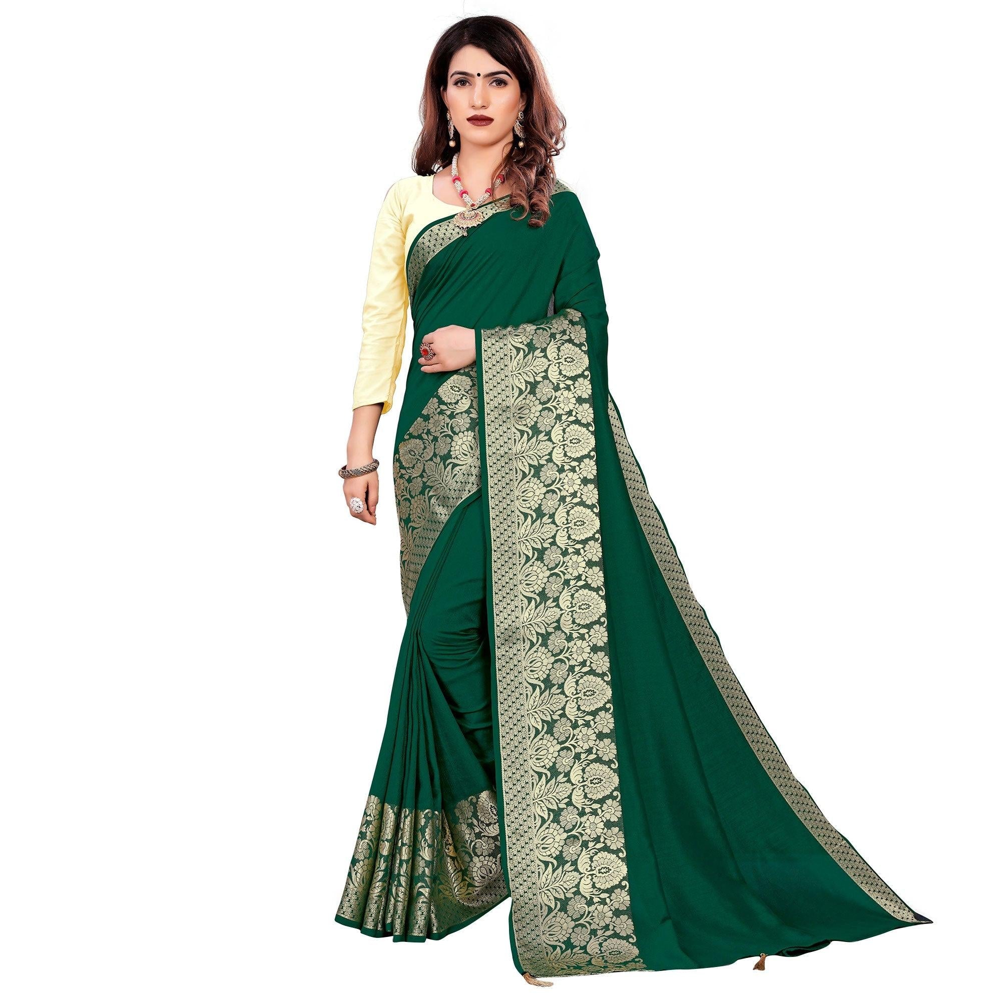 Adorning Green Colored Festive Wear Woven Art Silk Saree With Tassels - Peachmode