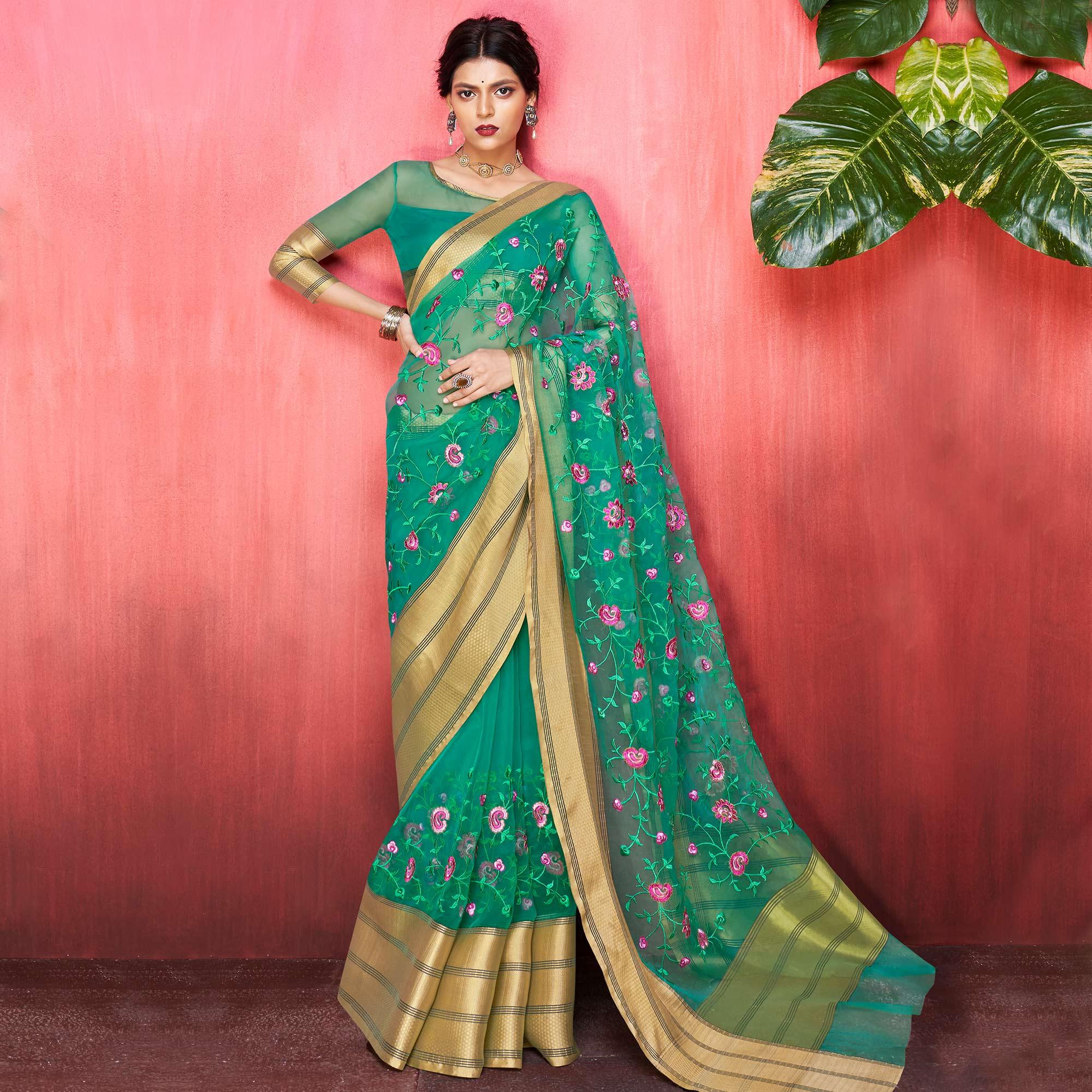 Adorning Green Colored Party Wear Floral Embroidered Organza Saree - Peachmode