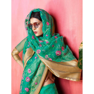 Adorning Green Colored Party Wear Floral Embroidered Organza Saree - Peachmode