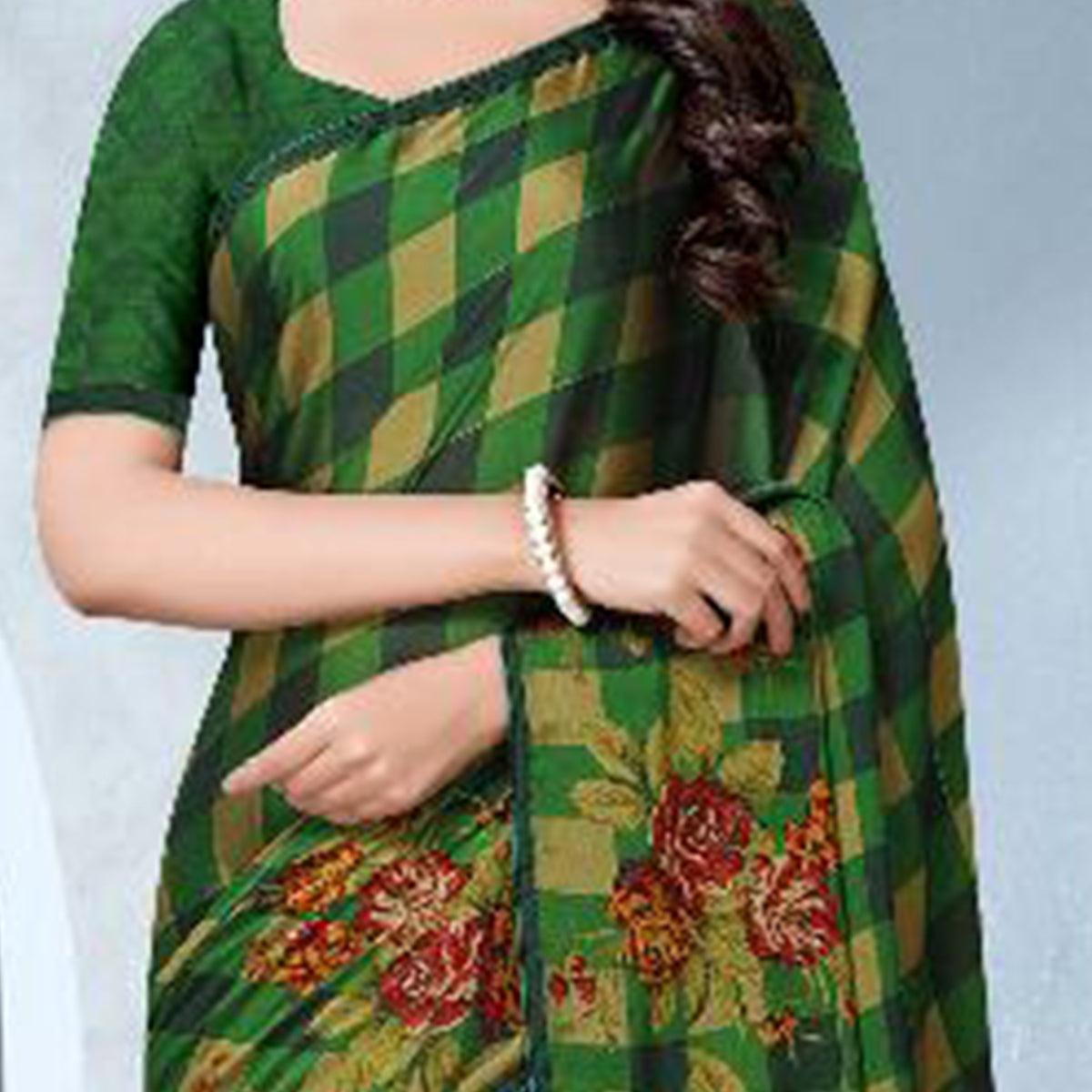 Adorning Green Colored Partywear Checkered Printed Chiffon Saree - Peachmode