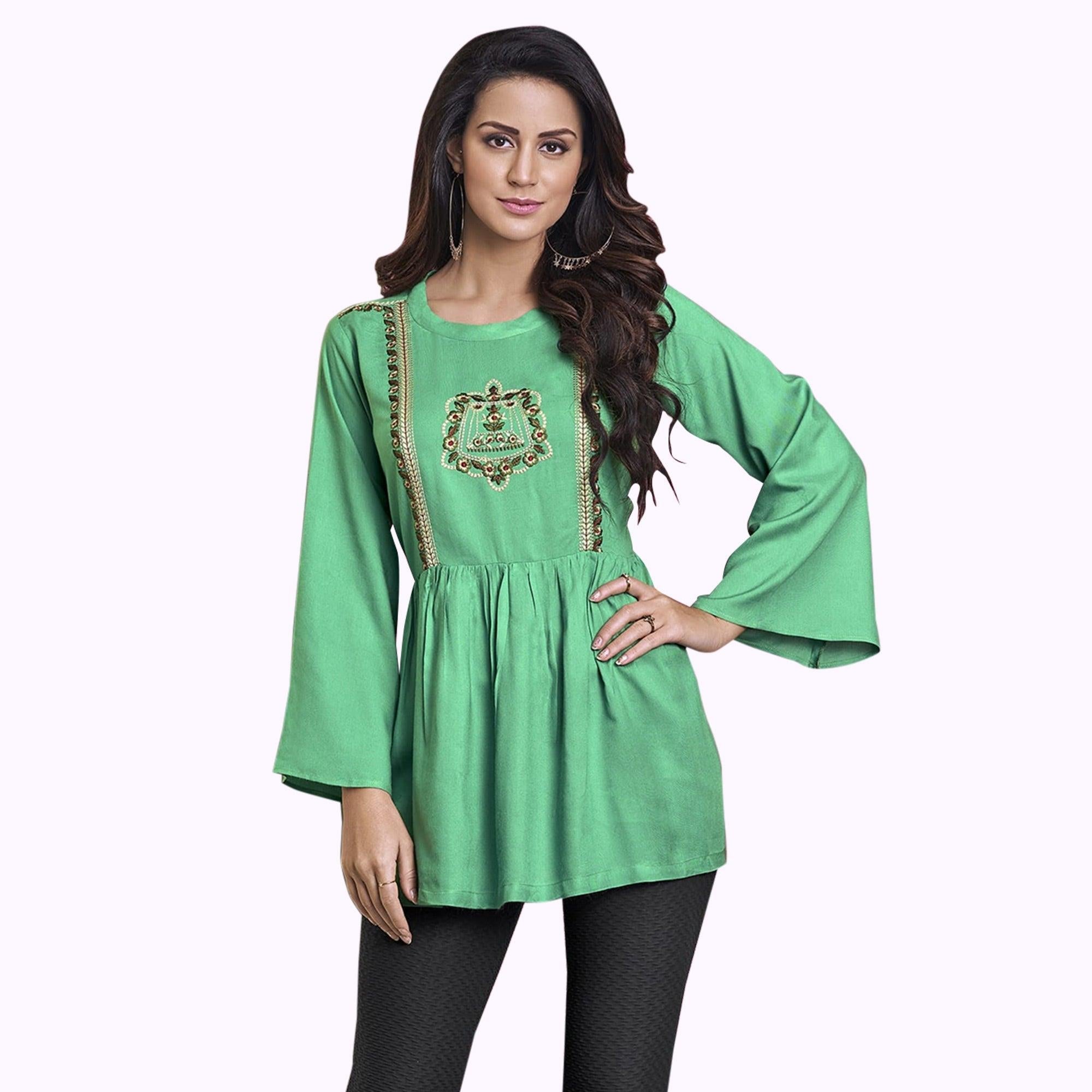 Adorning Green Colored Partywear Embroidered Rayon Western Top - Peachmode