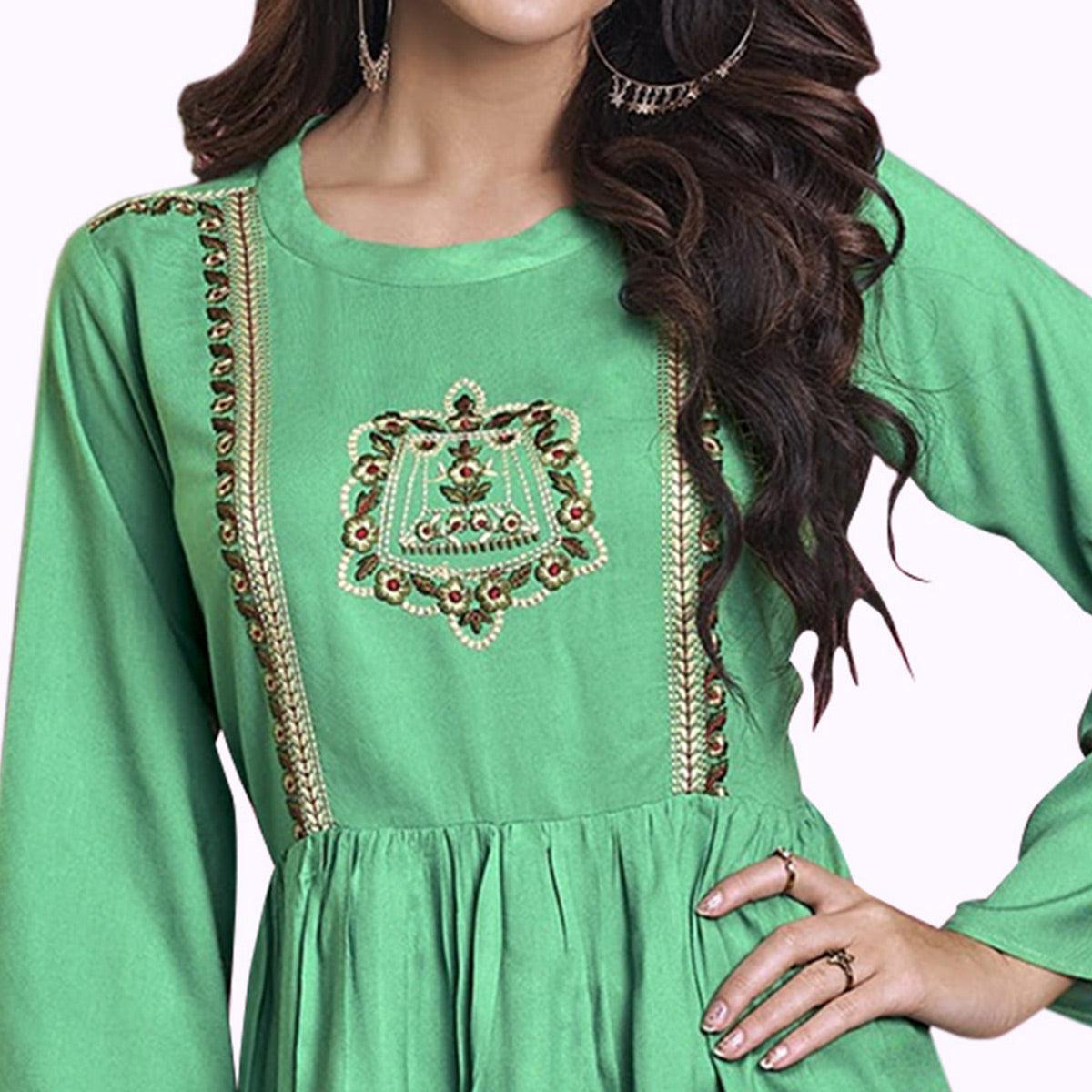 Adorning Green Colored Partywear Embroidered Rayon Western Top - Peachmode