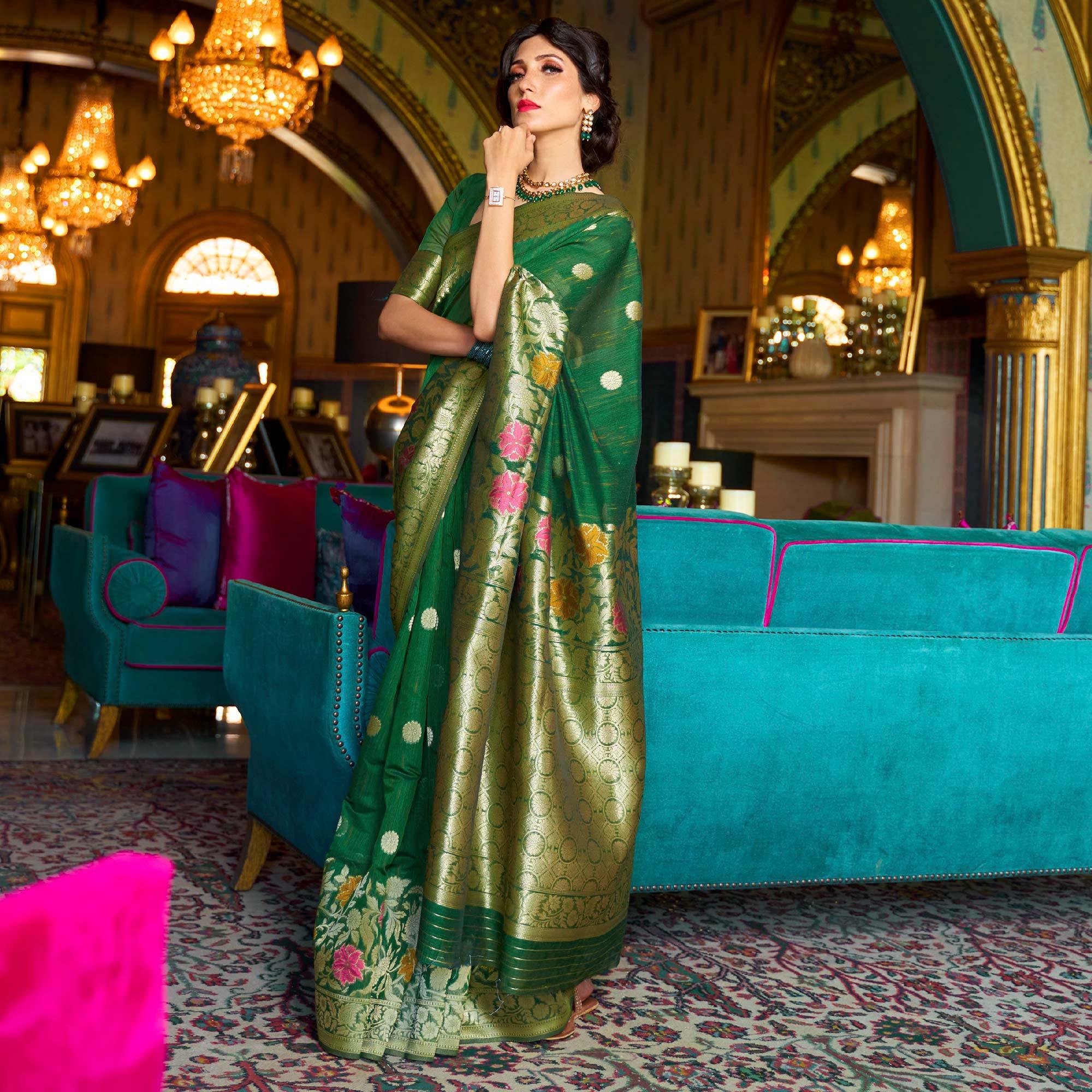 Adorning Green Coloured Festive Wear Woven Multi Slub Soft Silk Saree - Peachmode