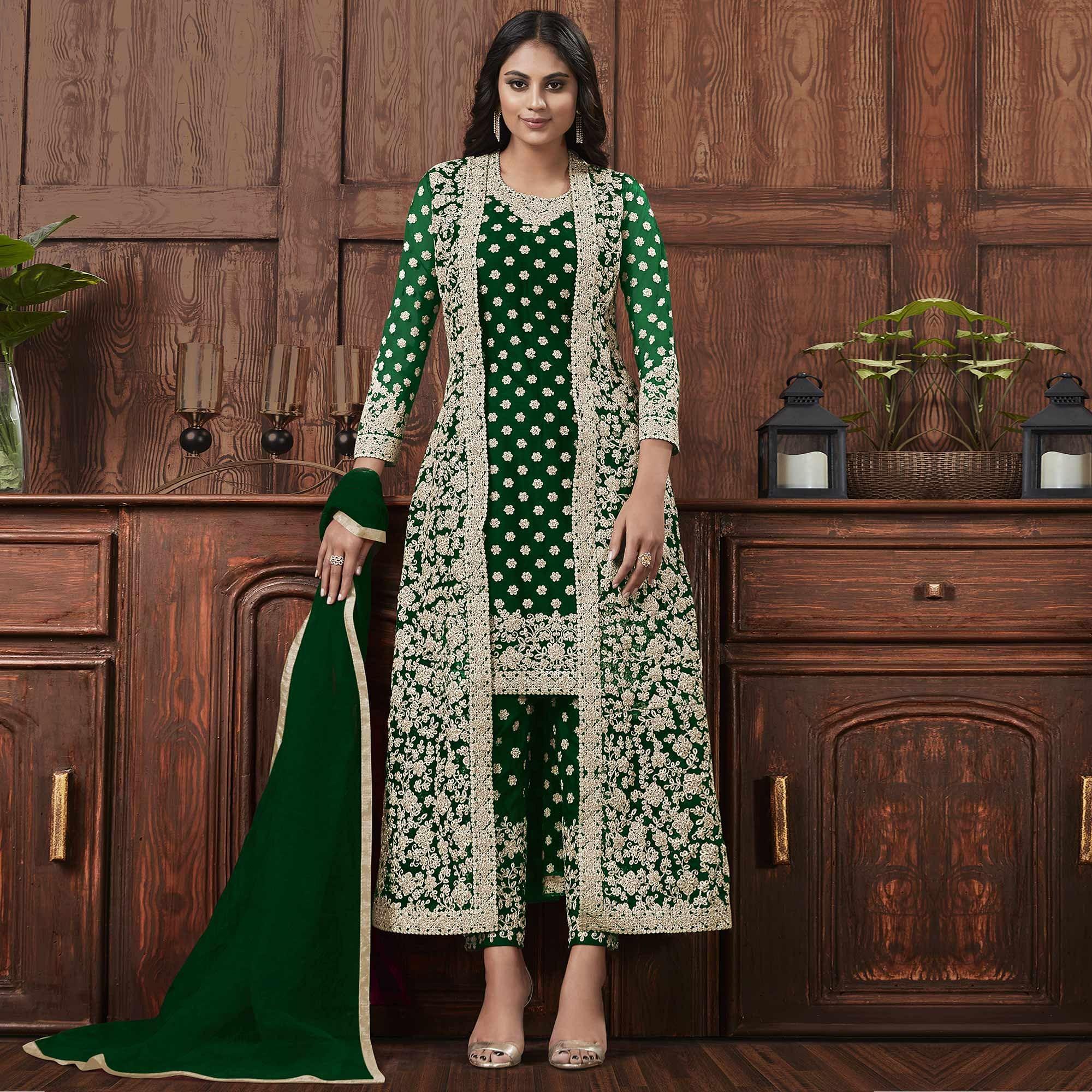 Adorning Green Coloured Partywear Embroidered Butterfly Net Pakistani Straight Suit - Peachmode