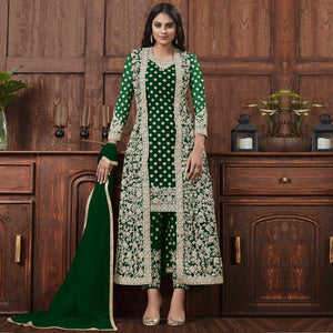 Adorning Green Coloured Partywear Embroidered Butterfly Net Pakistani Straight Suit - Peachmode