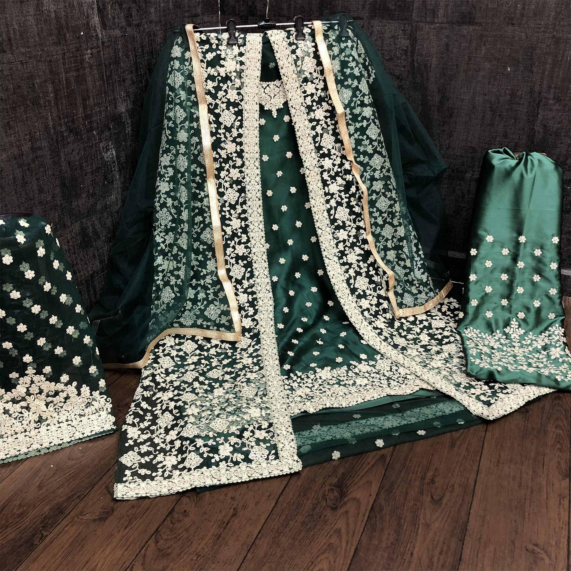 Adorning Green Coloured Partywear Embroidered Butterfly Net Pakistani Straight Suit - Peachmode