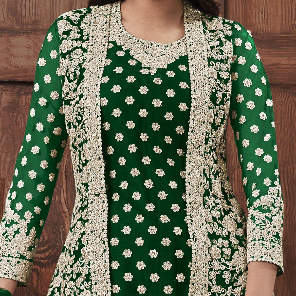 Adorning Green Coloured Partywear Embroidered Butterfly Net Pakistani Straight Suit - Peachmode