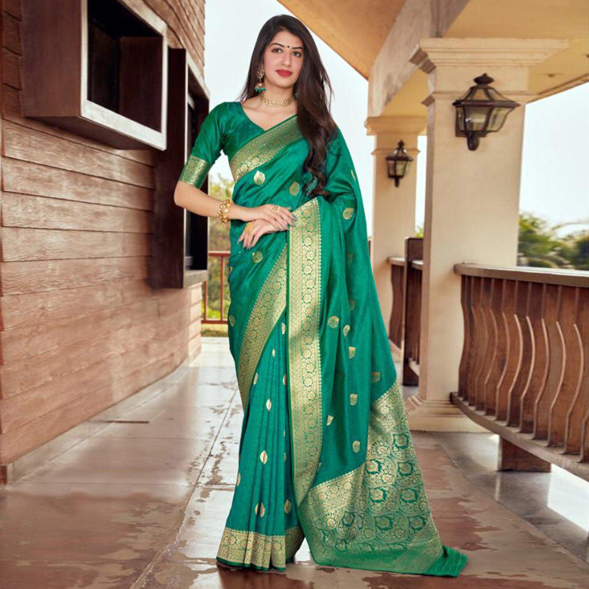 Adorning Green Coloured Partywear Woven Silk Saree - Peachmode