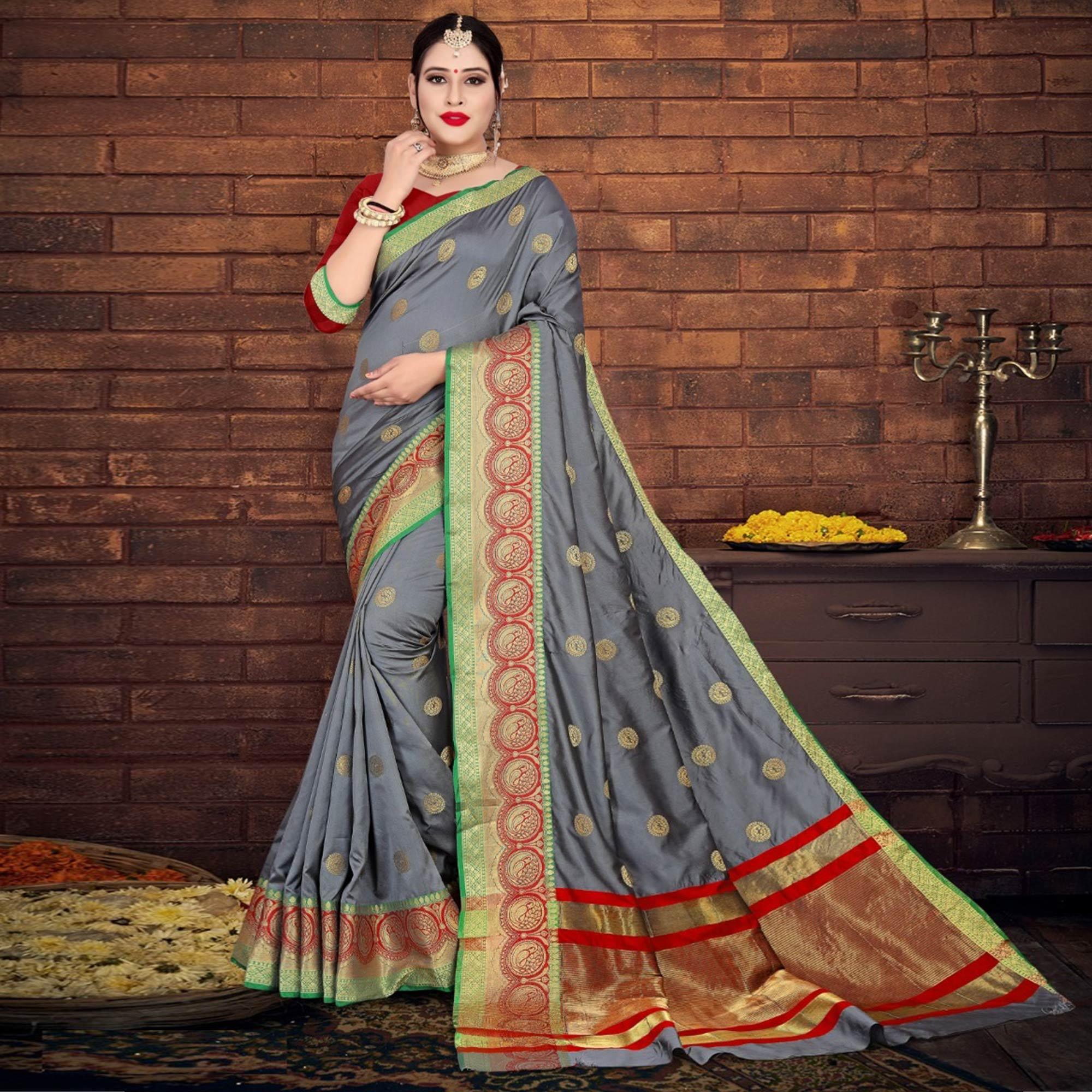 Adorning Grey Colored Festive Wear Woven Soft Silk Saree - Peachmode