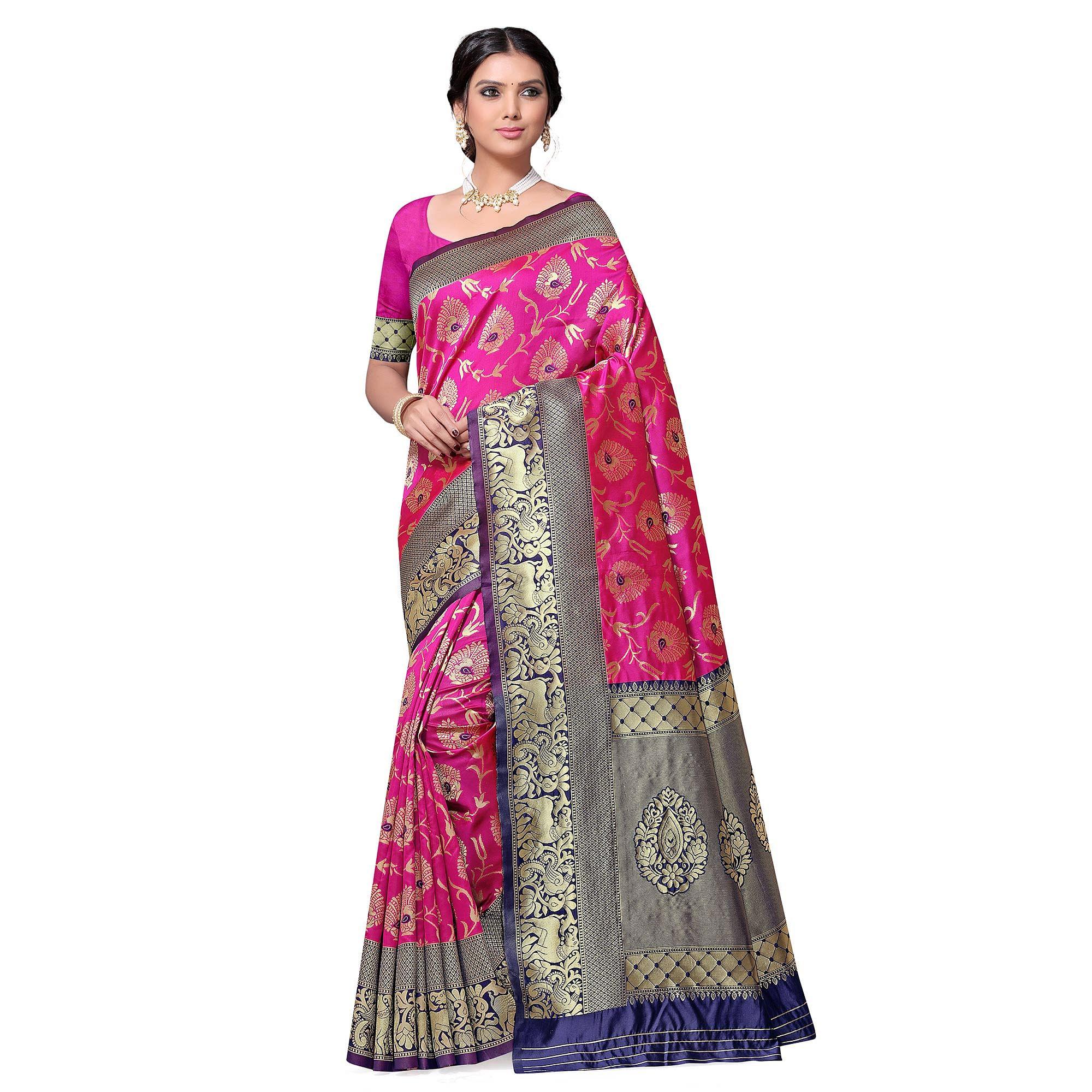 Adorning Hot Pink Colored Festive Wear woven Kota Lichi Banarasi Silk Saree - Peachmode