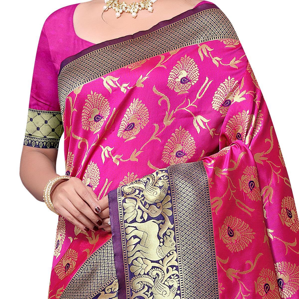 Adorning Hot Pink Colored Festive Wear woven Kota Lichi Banarasi Silk Saree - Peachmode