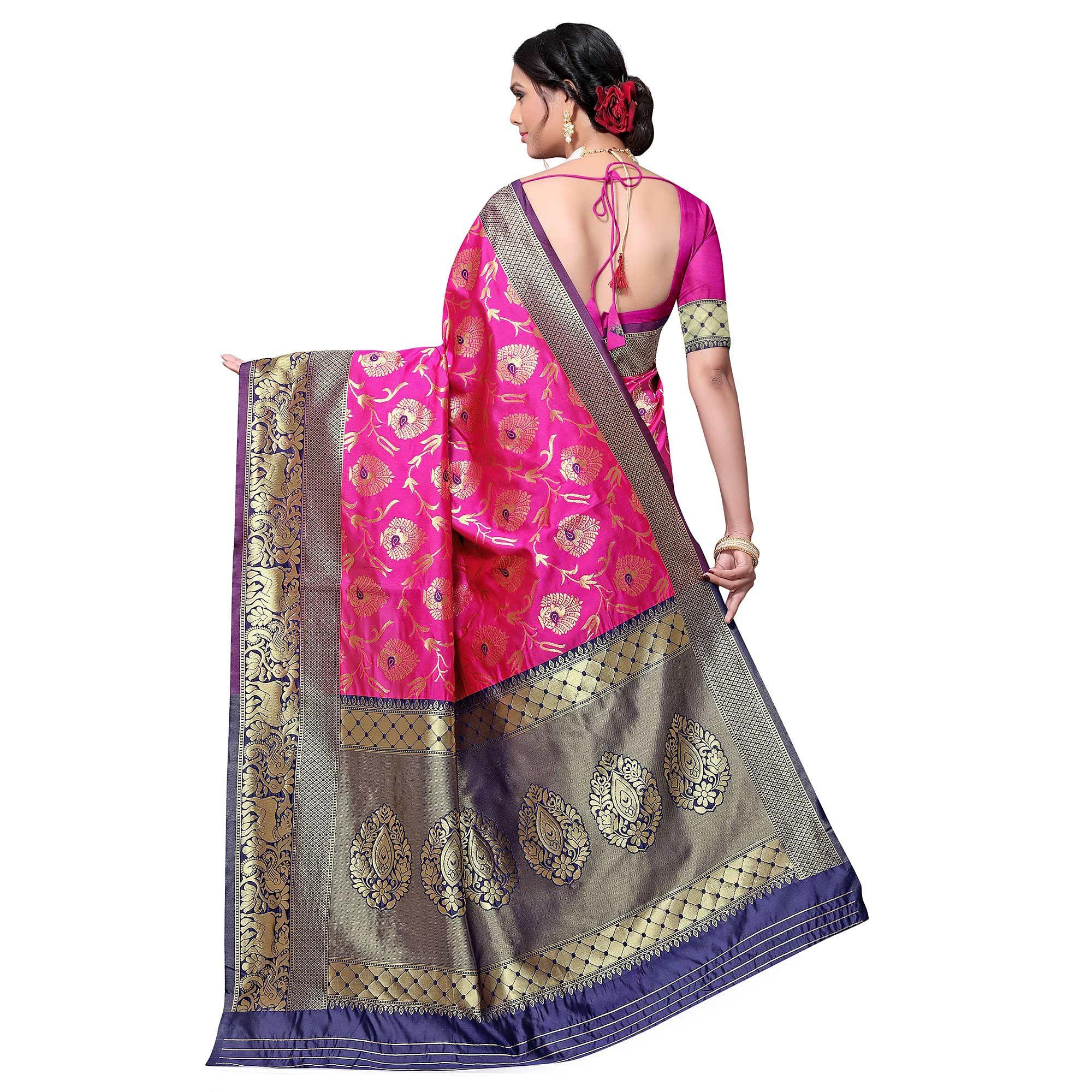 Adorning Hot Pink Colored Festive Wear woven Kota Lichi Banarasi Silk Saree - Peachmode