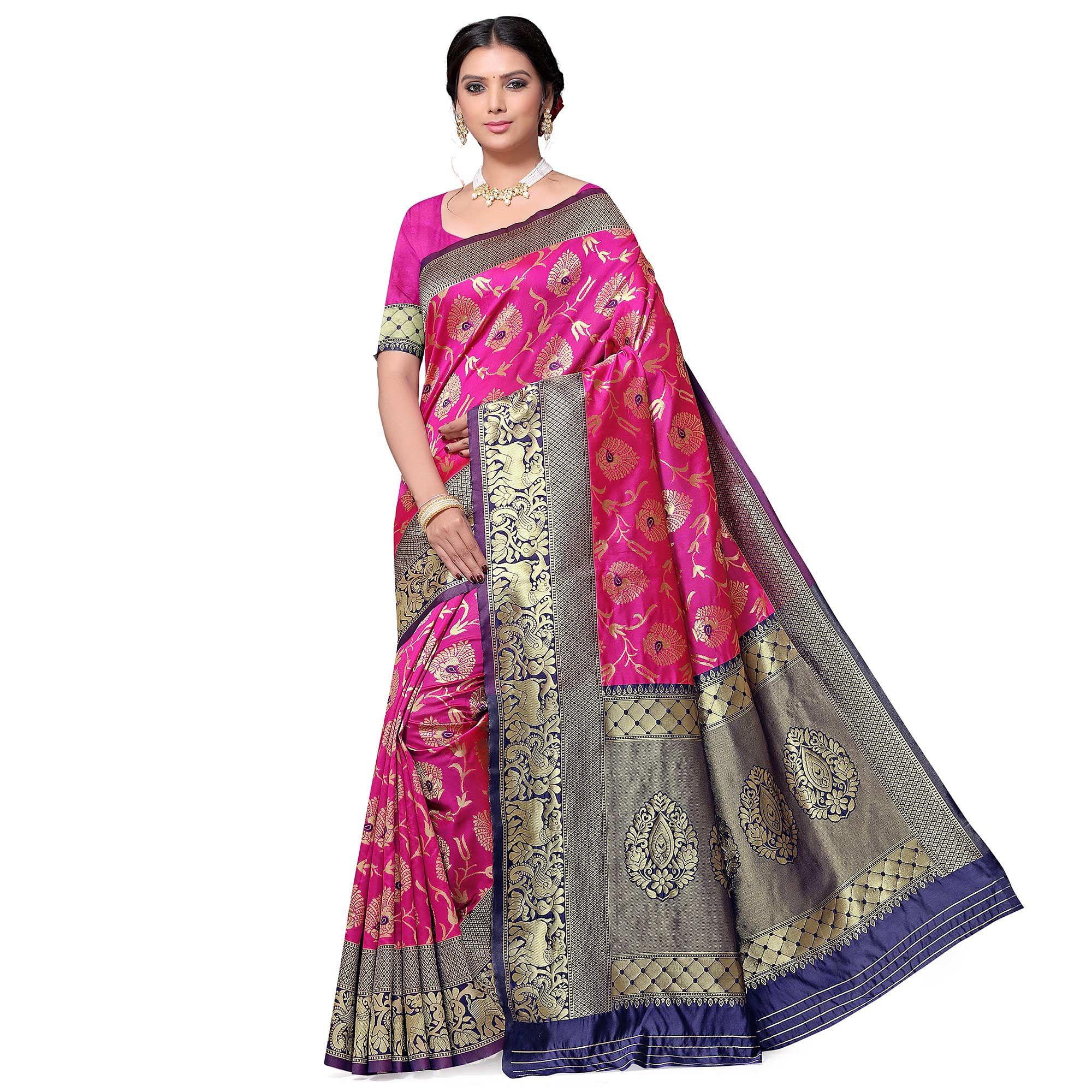 Adorning Hot Pink Colored Festive Wear woven Kota Lichi Banarasi Silk Saree - Peachmode