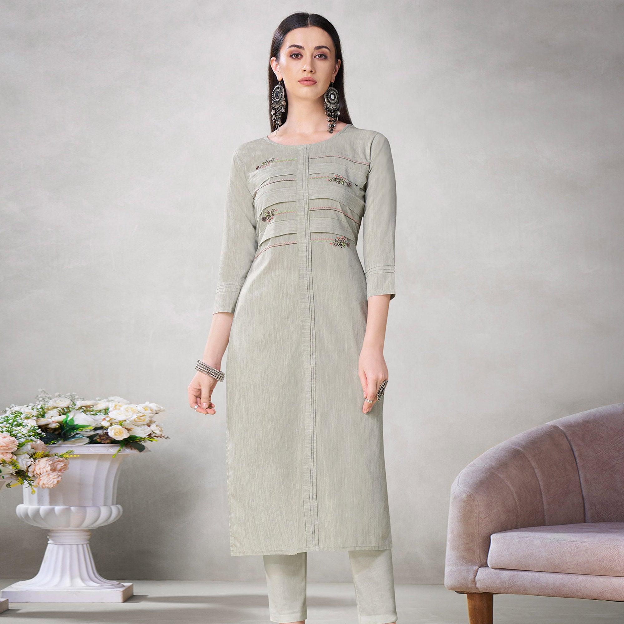 Adorning Light Grey Colored Partywear Embroidered Viscose Kurti - Peachmode