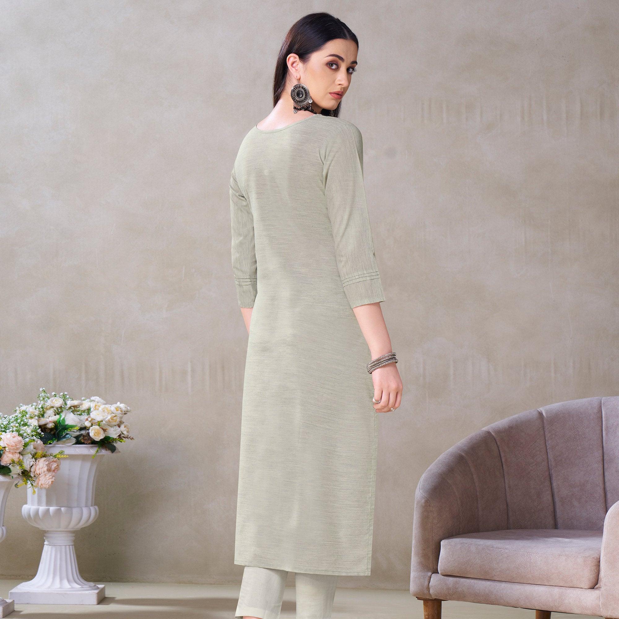 Adorning Light Grey Colored Partywear Embroidered Viscose Kurti - Peachmode