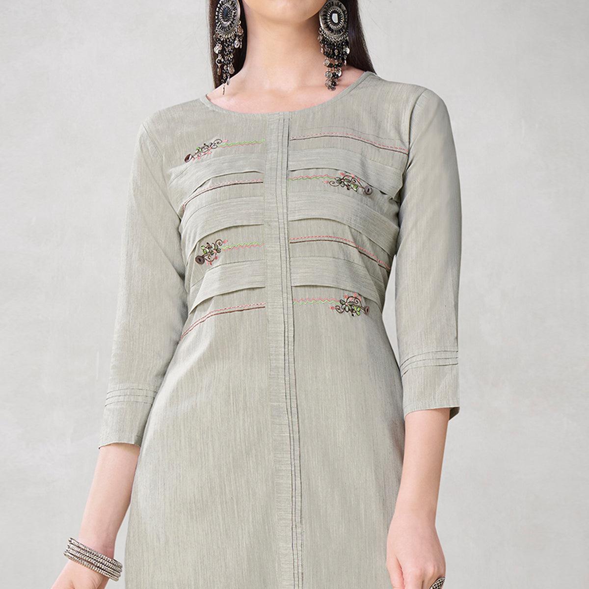 Adorning Light Grey Colored Partywear Embroidered Viscose Kurti - Peachmode
