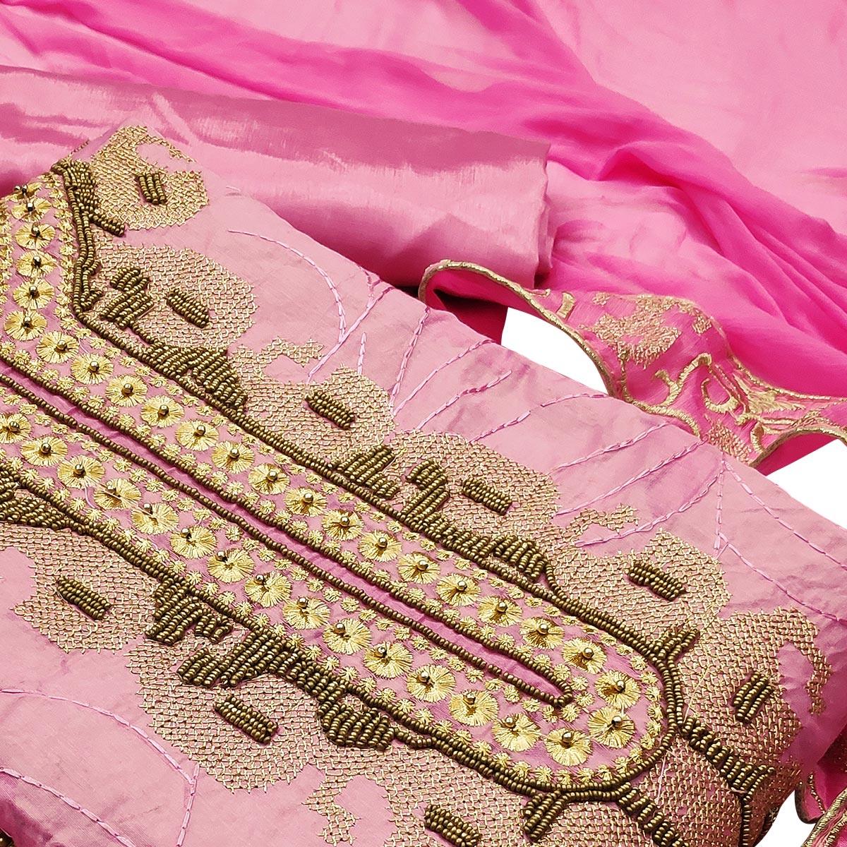 Adorning Light Pink Colored Casual Wear Embroidered Heavy Modal Silk Dress Material - Peachmode