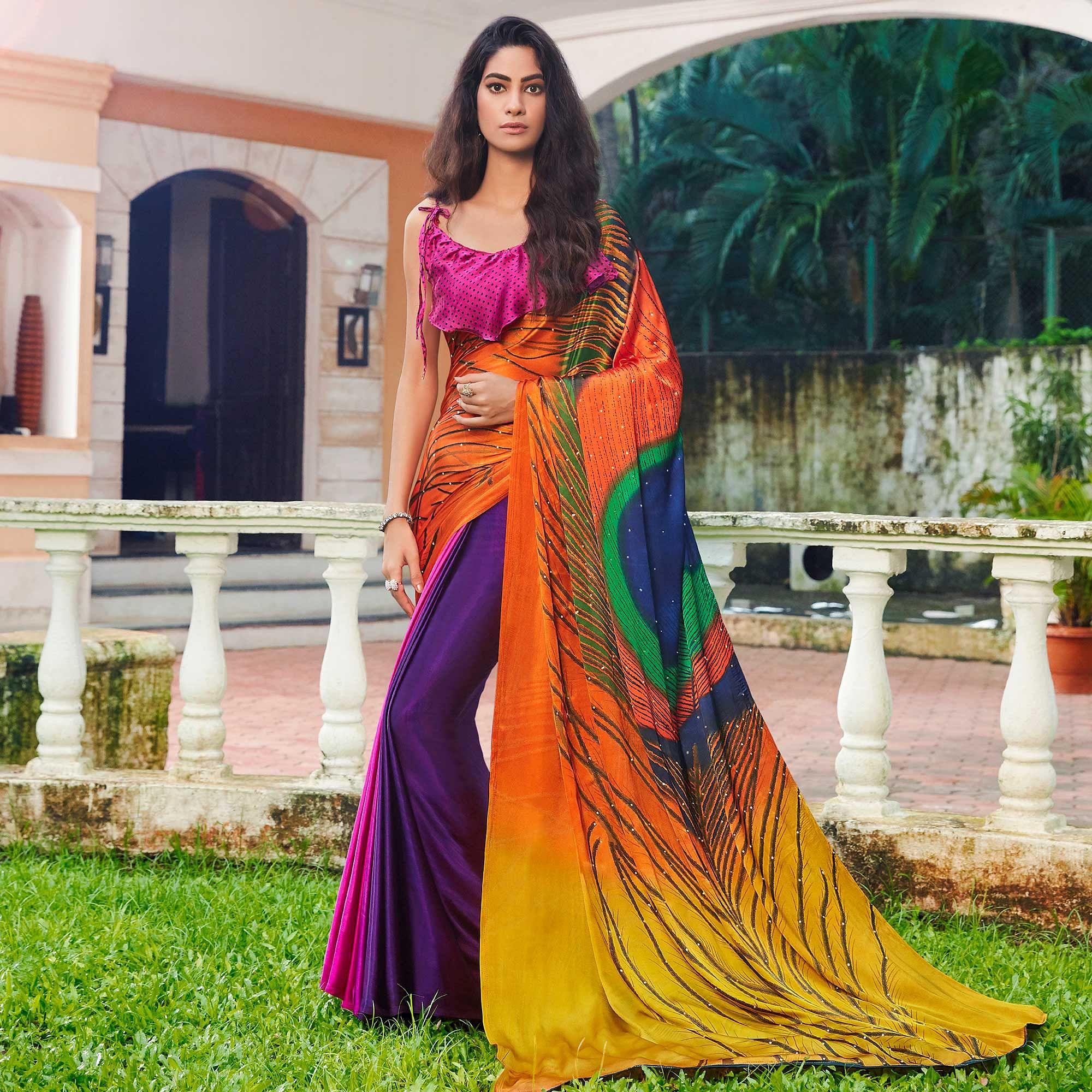 Adorning Multi Colored Party Wear Printed Silk Saree - Peachmode