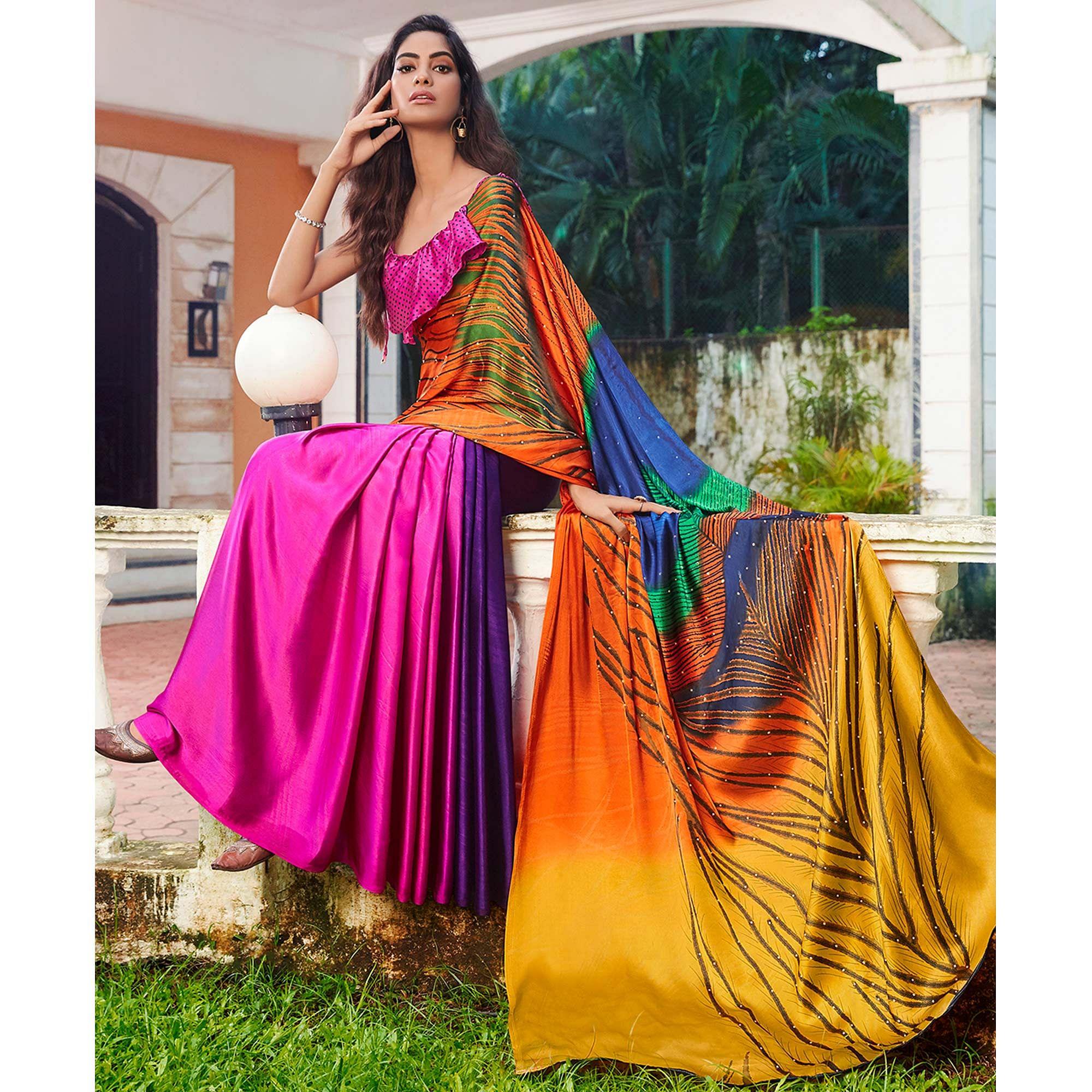 Adorning Multi Colored Party Wear Printed Silk Saree - Peachmode