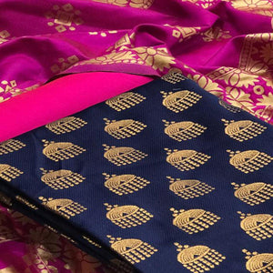 Adorning Navy Blue Colored Casual Wear Banarasi Silk Dress Material - Peachmode