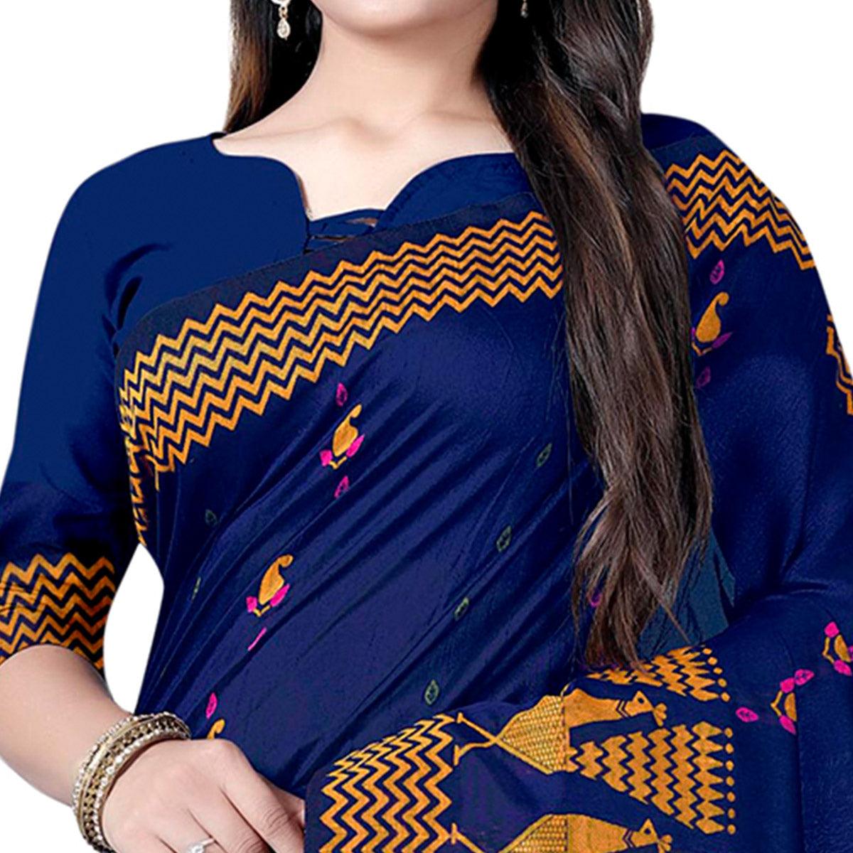 Adorning Navy Blue Colored Festive Wear Printed Cotton Saree - Peachmode