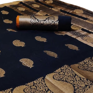 Adorning Navy Blue Colored Festive Wear Woven Linen Saree - Peachmode