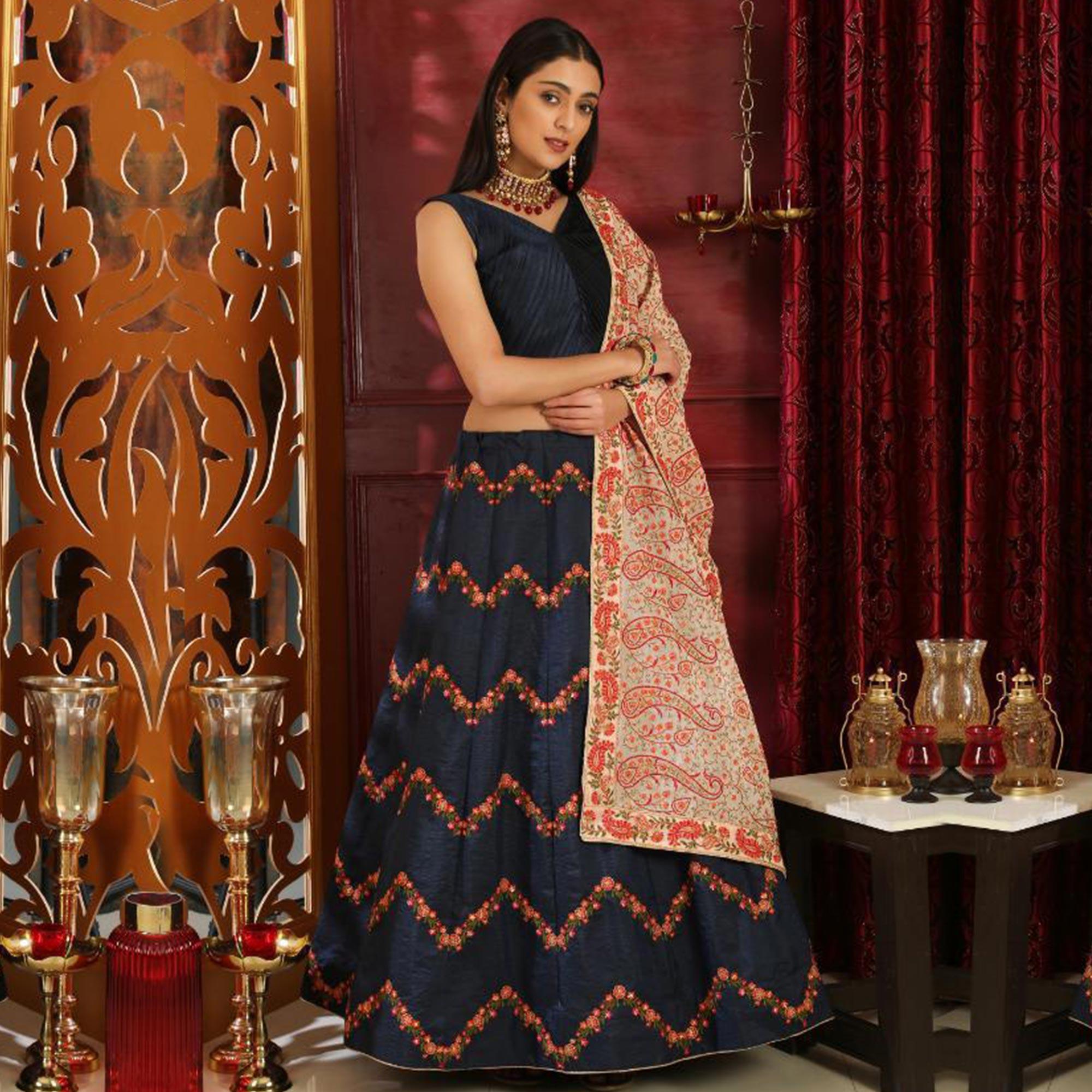 Adorning Navy Blue Colored Party Wear Embroidered Silk Lehenga Choli - Peachmode