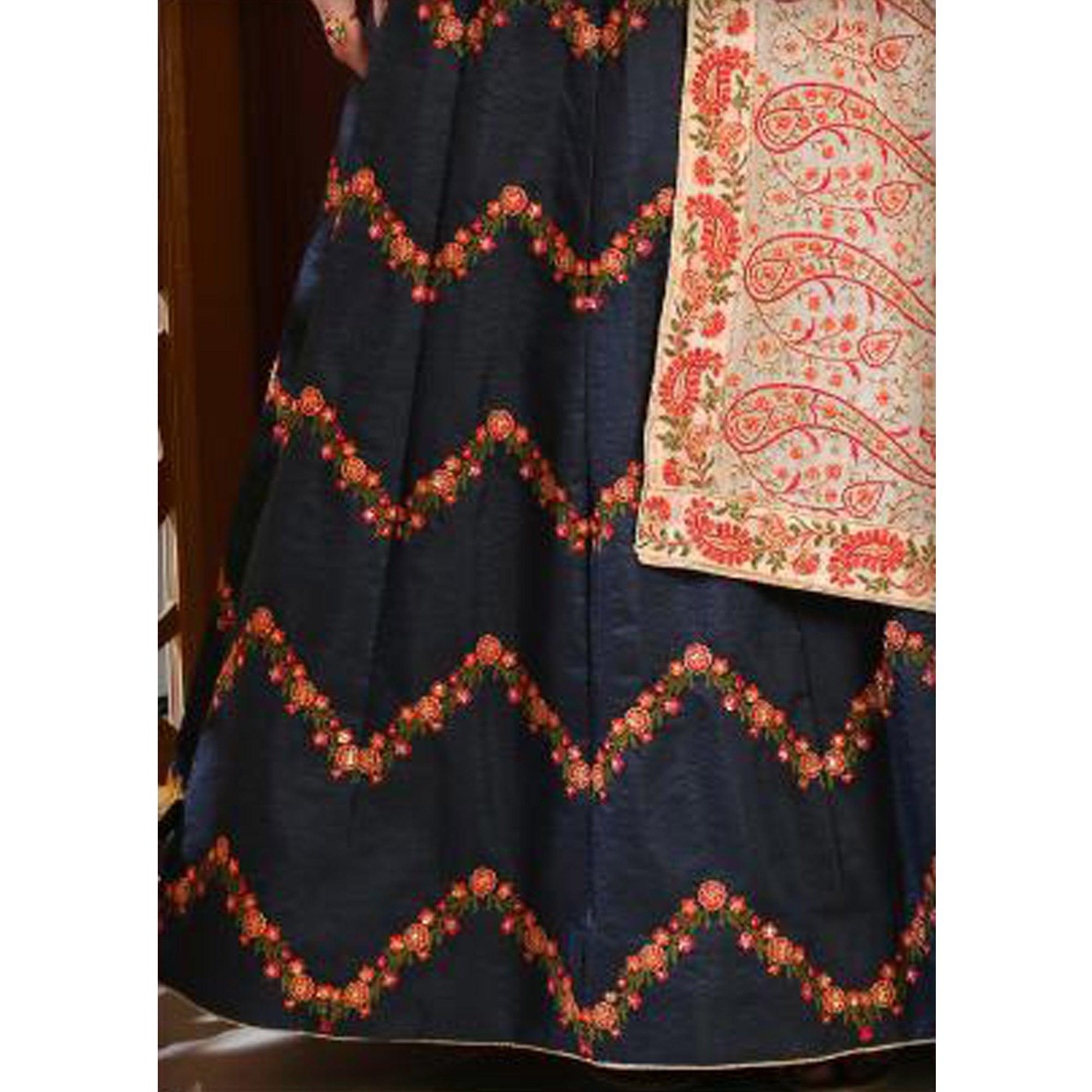Adorning Navy Blue Colored Party Wear Embroidered Silk Lehenga Choli - Peachmode