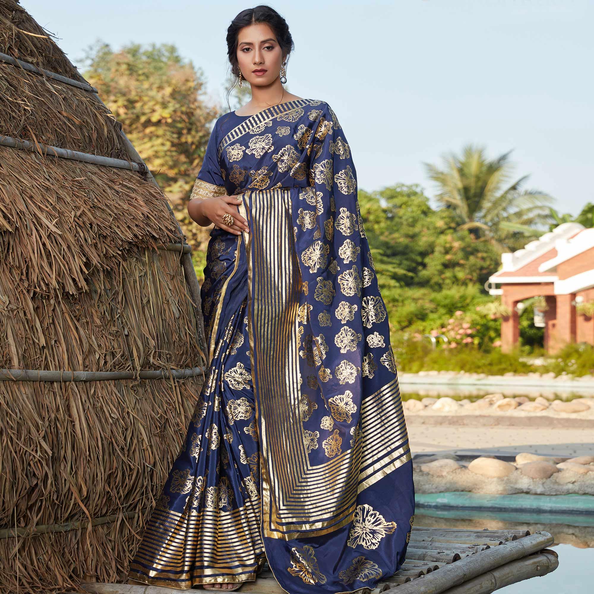 Adorning Navy Blue Coloured Partywear Foil Printed Silk Saree - Peachmode