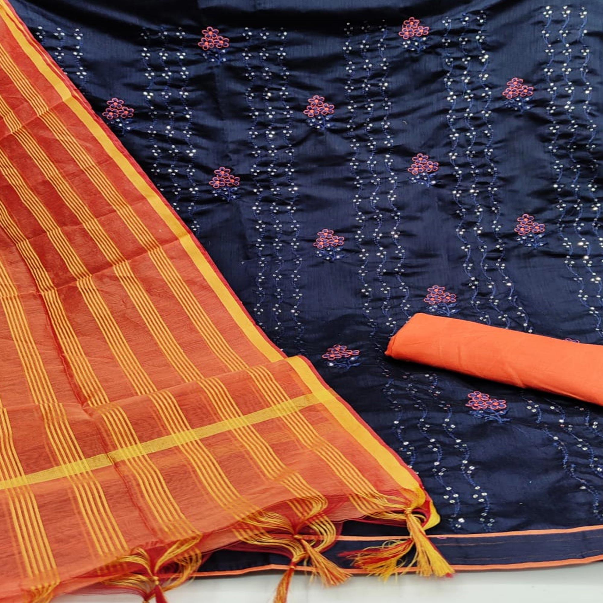 Adorning Navy Blue - Peach Colored Casual Wear Embroidered Chanderi Dress Material - Peachmode