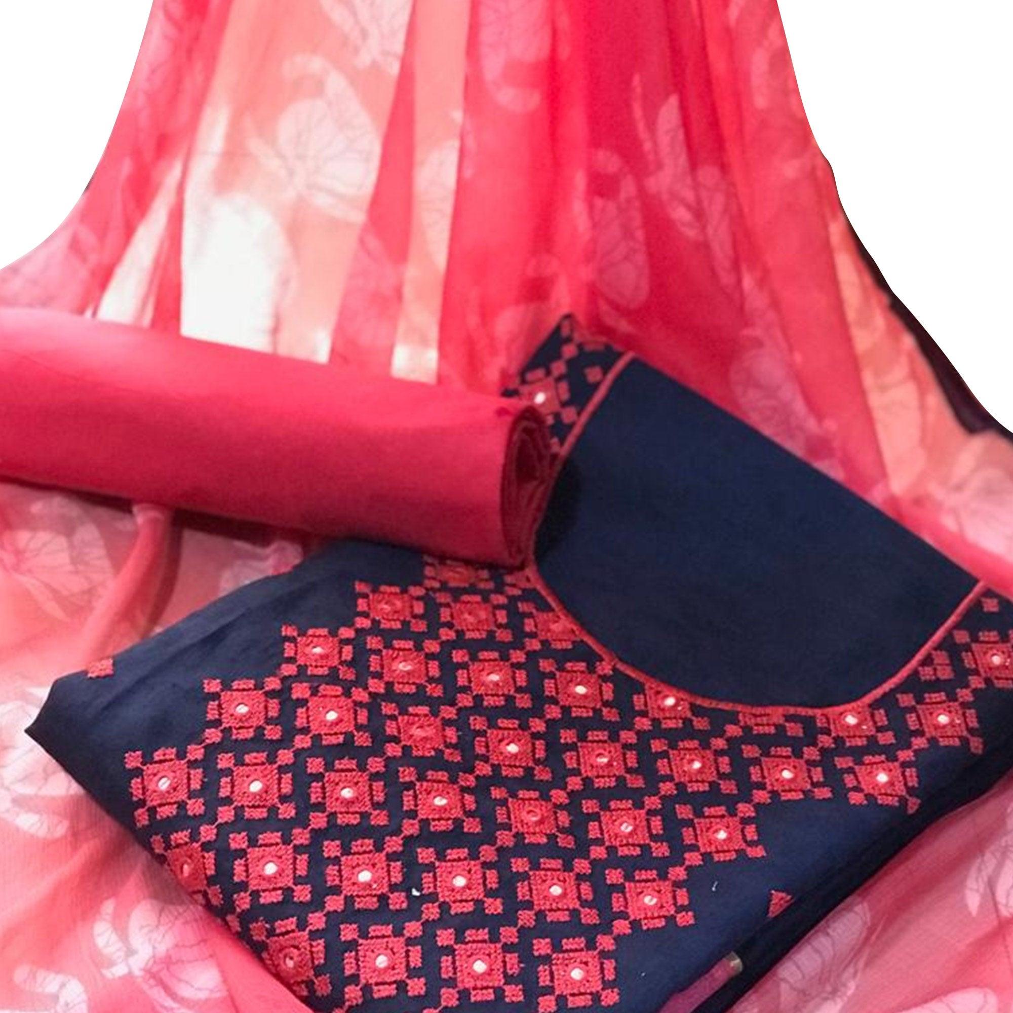 Adorning Navy Blue - Pink Colored Casual Wear Embroidered Cotton Salwar Suit - Peachmode