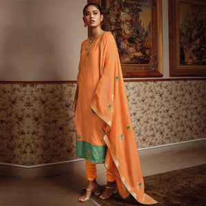 Adorning Orange Colored Partywear Embroidered Pure Silk Suit - Peachmode