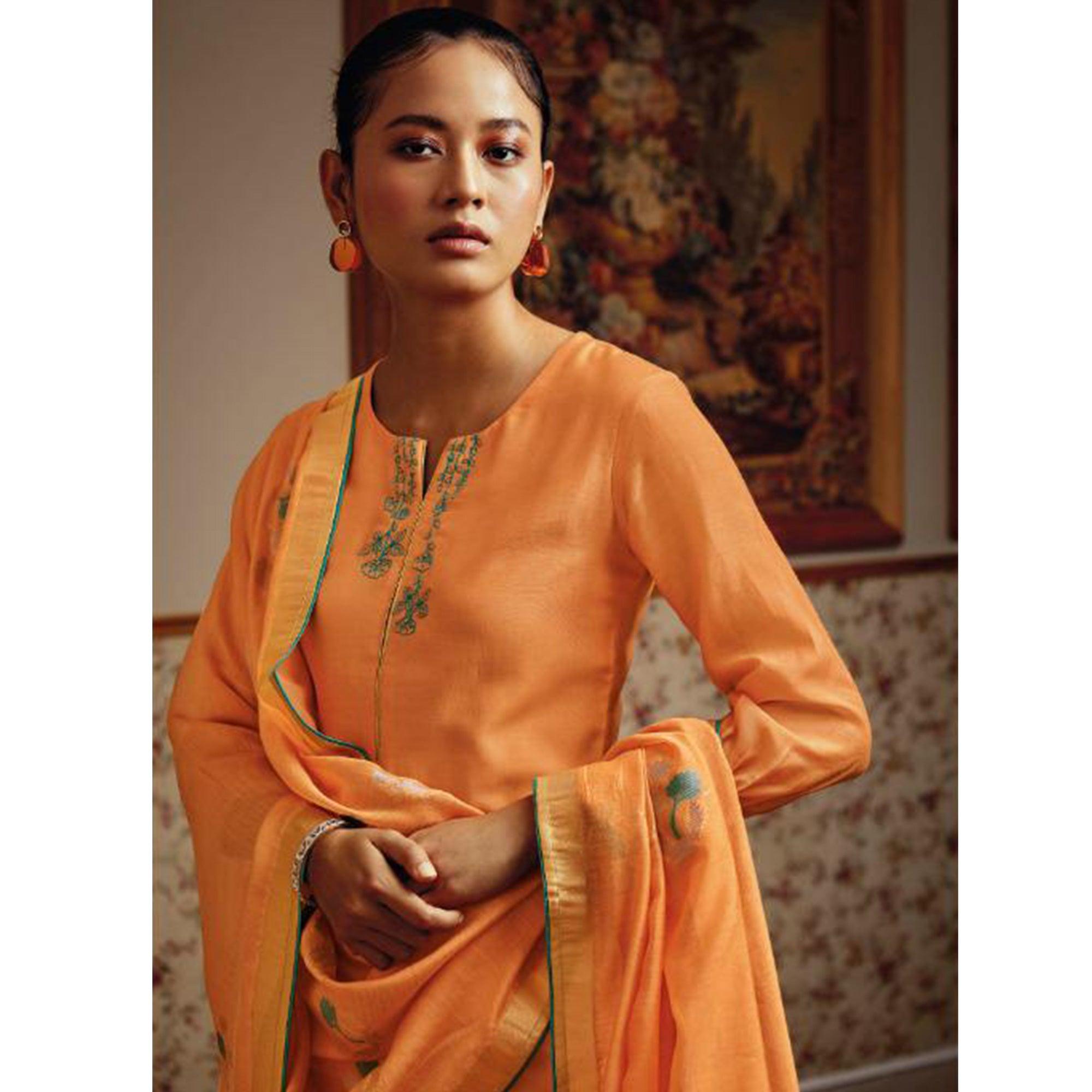 Adorning Orange Colored Partywear Embroidered Pure Silk Suit - Peachmode