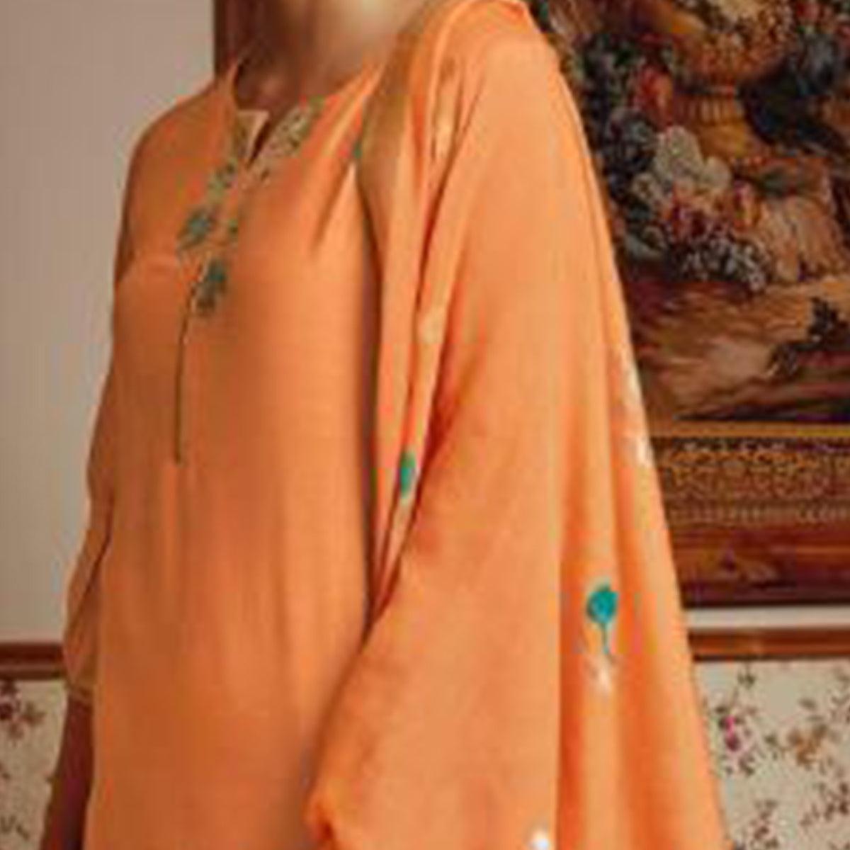 Adorning Orange Colored Partywear Embroidered Pure Silk Suit - Peachmode