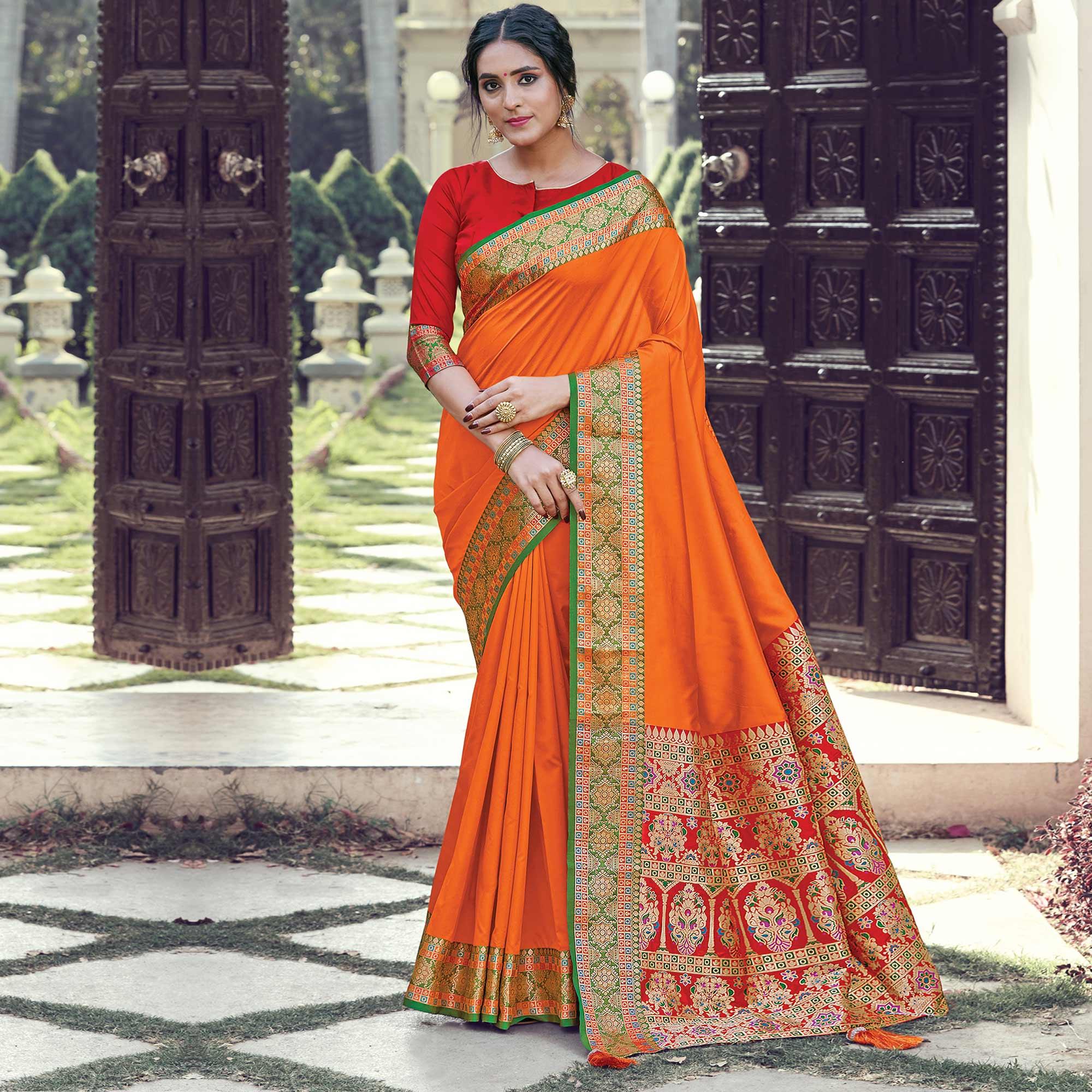 Adorning Orange Coloured Partywear Woven Silk Saree - Peachmode