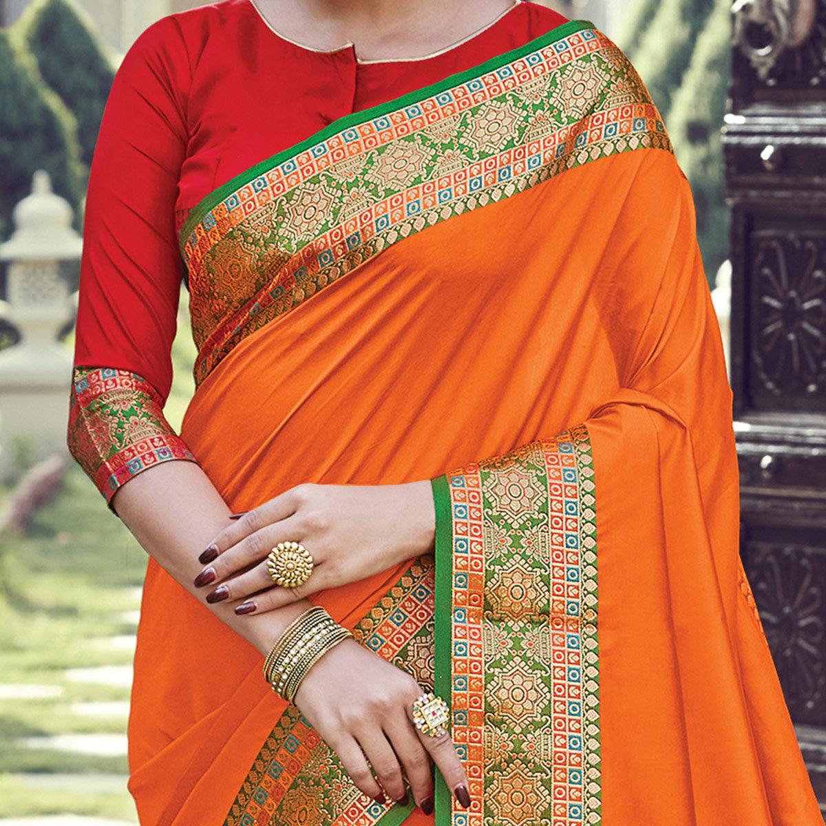 Adorning Orange Coloured Partywear Woven Silk Saree - Peachmode