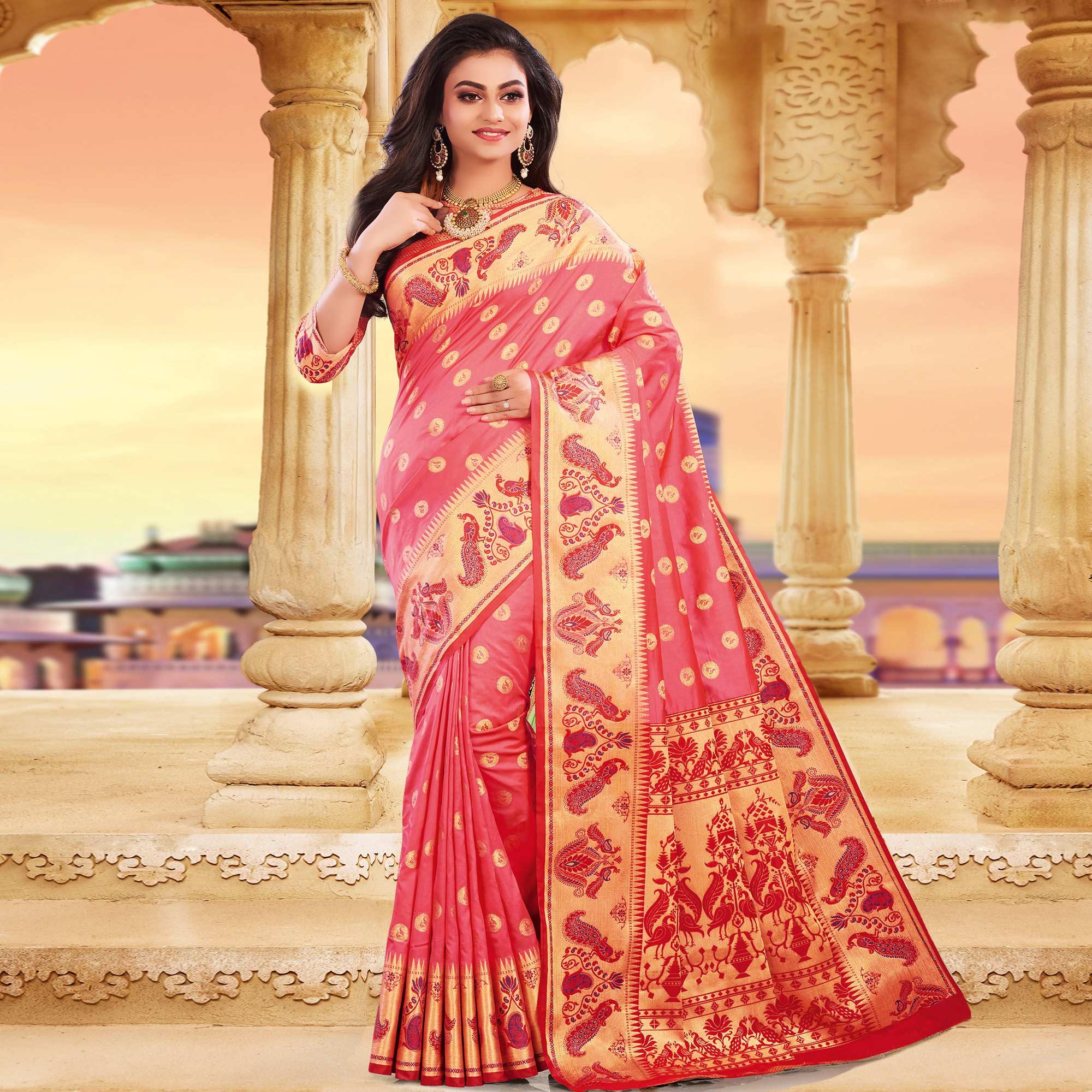 Adorning Peach Colored Festive Wear Woven Silk Saree - Peachmode