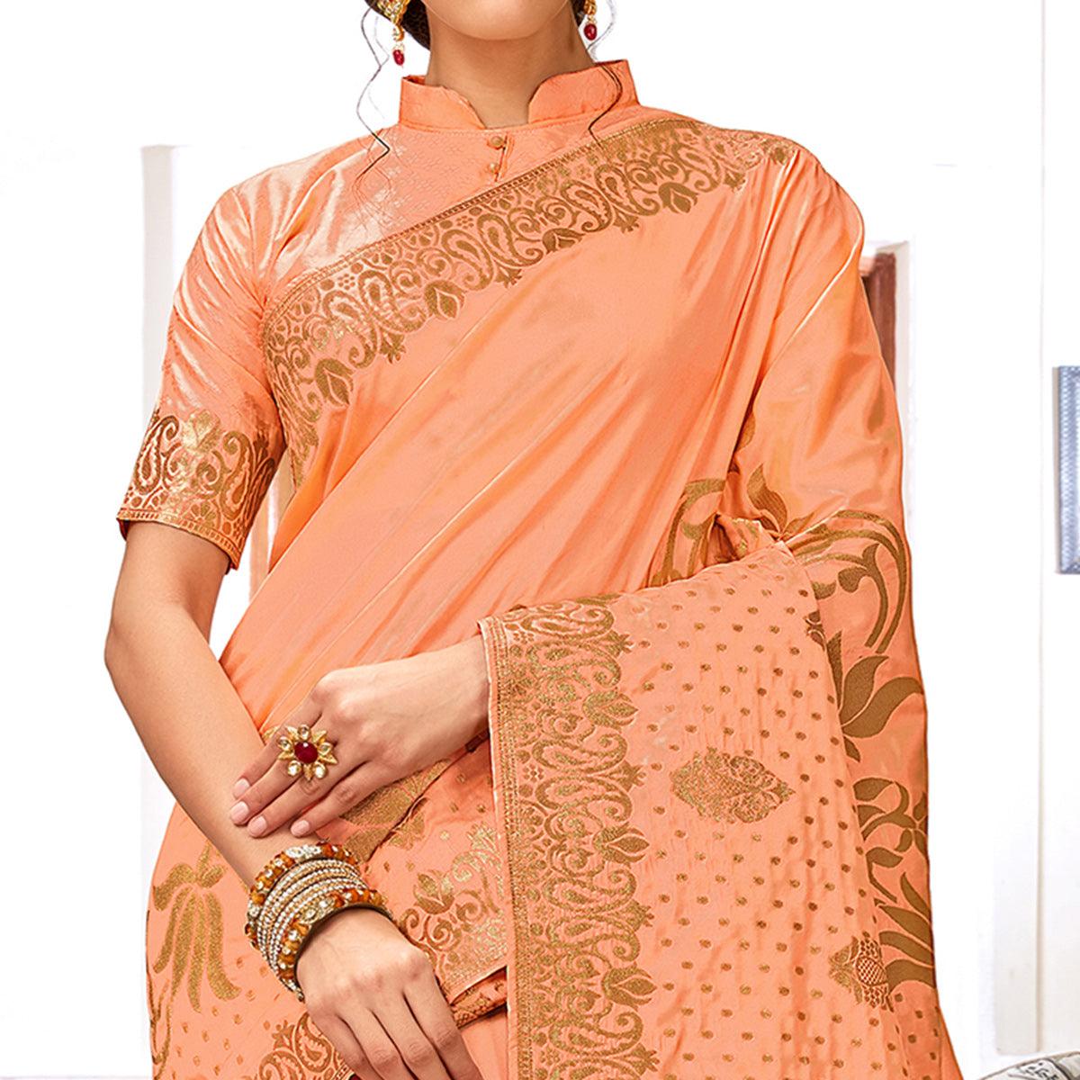 Adorning Peach Colored Festive Wear Woven Silk Saree - Peachmode
