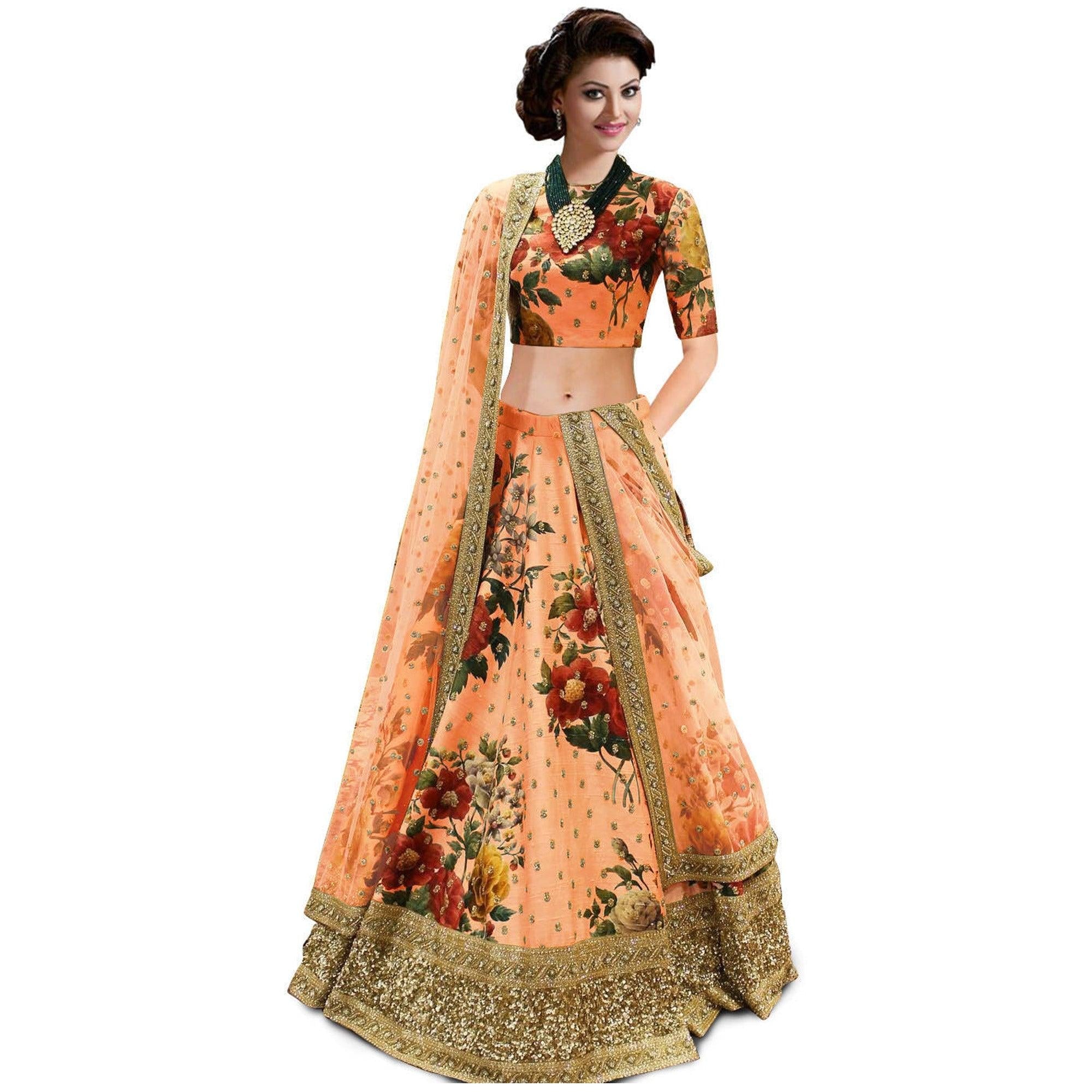 Adorning Peach Colored Partywear Designer Embroidered Art Silk Lehenga Choli - Peachmode